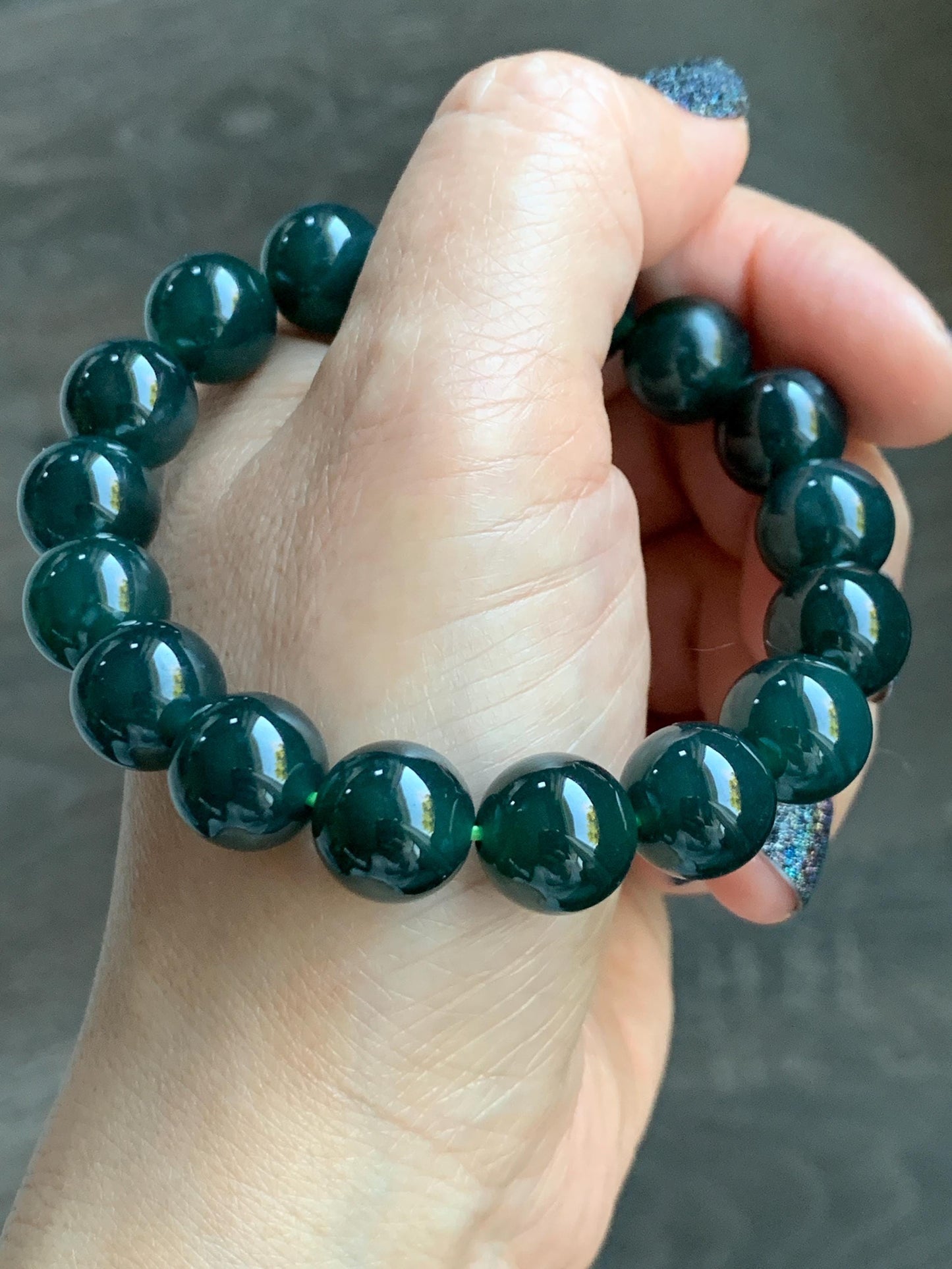 Natural Grade A Guatemalan Icy Translucent Dark Teal Green Jade Jadeite Large Beaded Bracelet 11.9mm 7.5” 49g 天然老种冰危深蓝绿翡翠大卡手串 SWV360