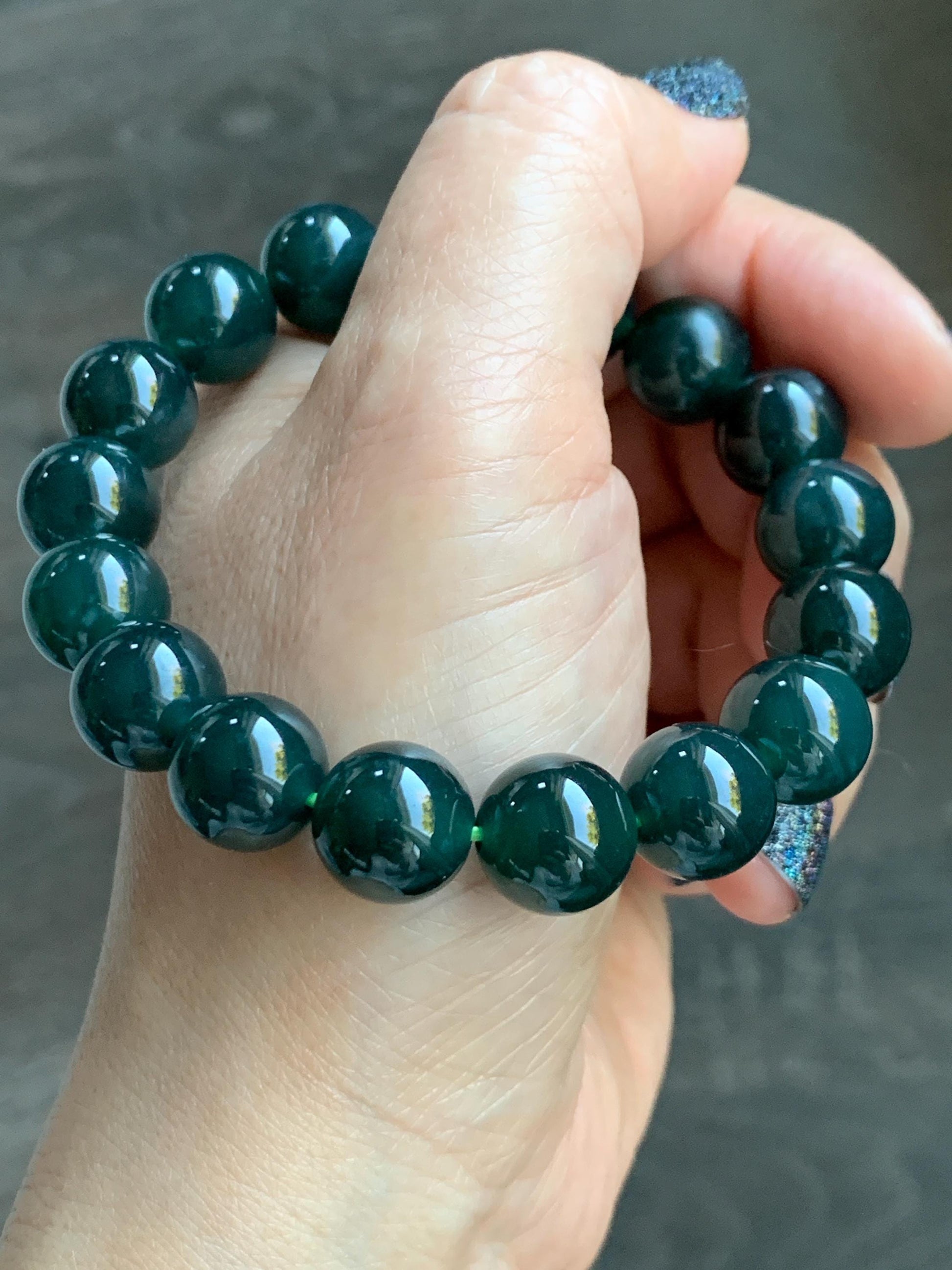 Natural Grade A Guatemalan Icy Translucent Dark Teal Green Jade Jadeite Large Beaded Bracelet 11.9mm 7.5” 49g 天然老种冰危深蓝绿翡翠大卡手串 SWV360