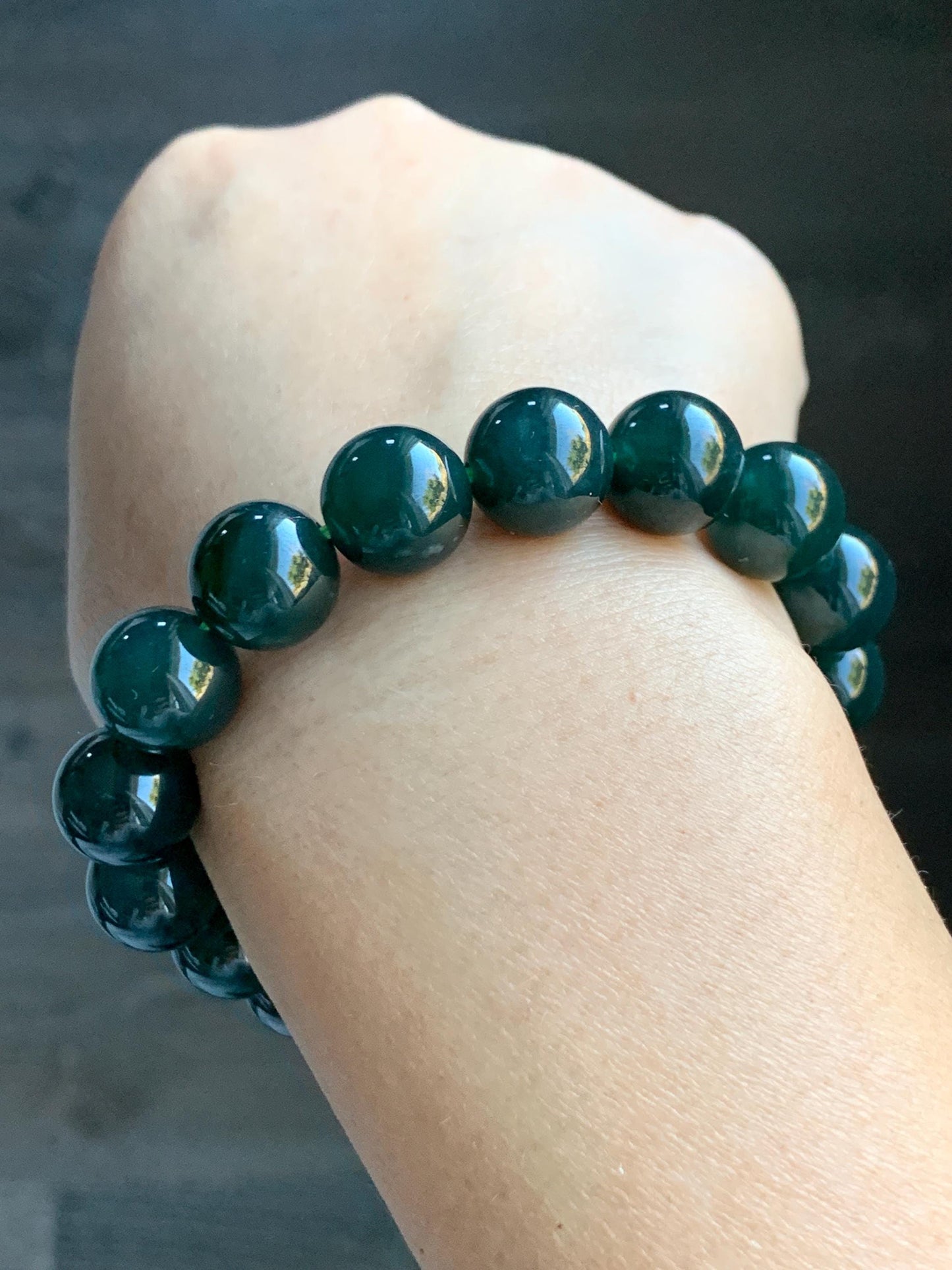 Natural Grade A Guatemalan Icy Translucent Dark Teal Green Jade Jadeite Large Beaded Bracelet 11.9mm 7.5” 49g 天然老种冰危深蓝绿翡翠大卡手串 SWV360
