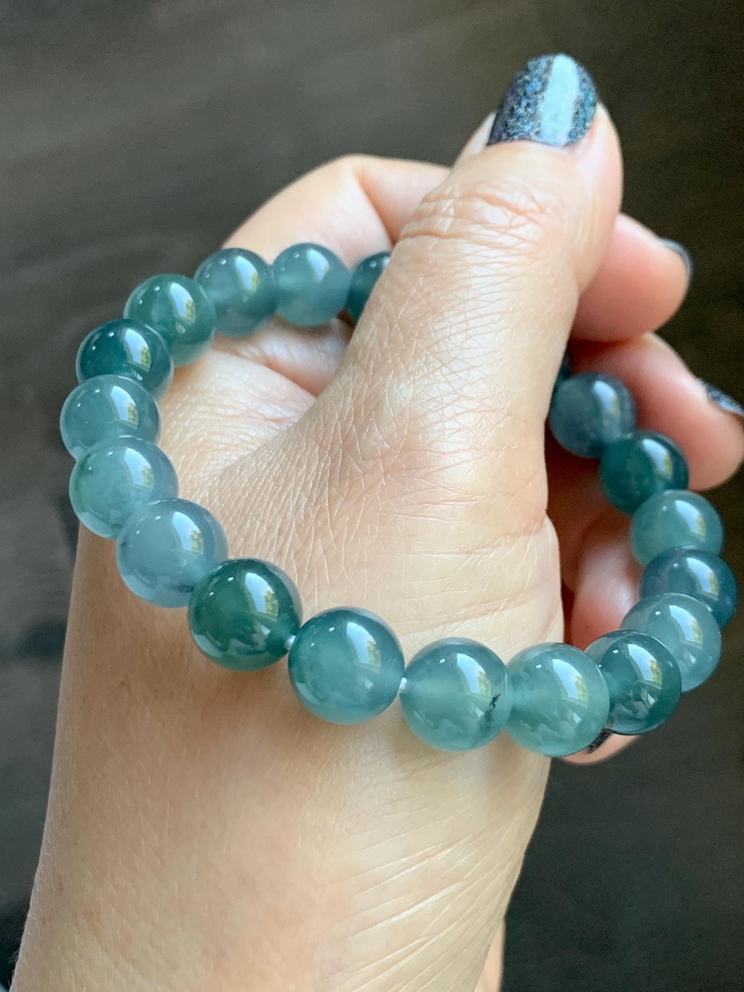 Natural Grade A Guatemalan Icy Translucent Dark Teal Blue Jade Jadeite Beaded Bracelet Stretchy 9.5-9.9mm 7.25” 32g 天然冰危深蓝翡翠圆珠手串 WBD268