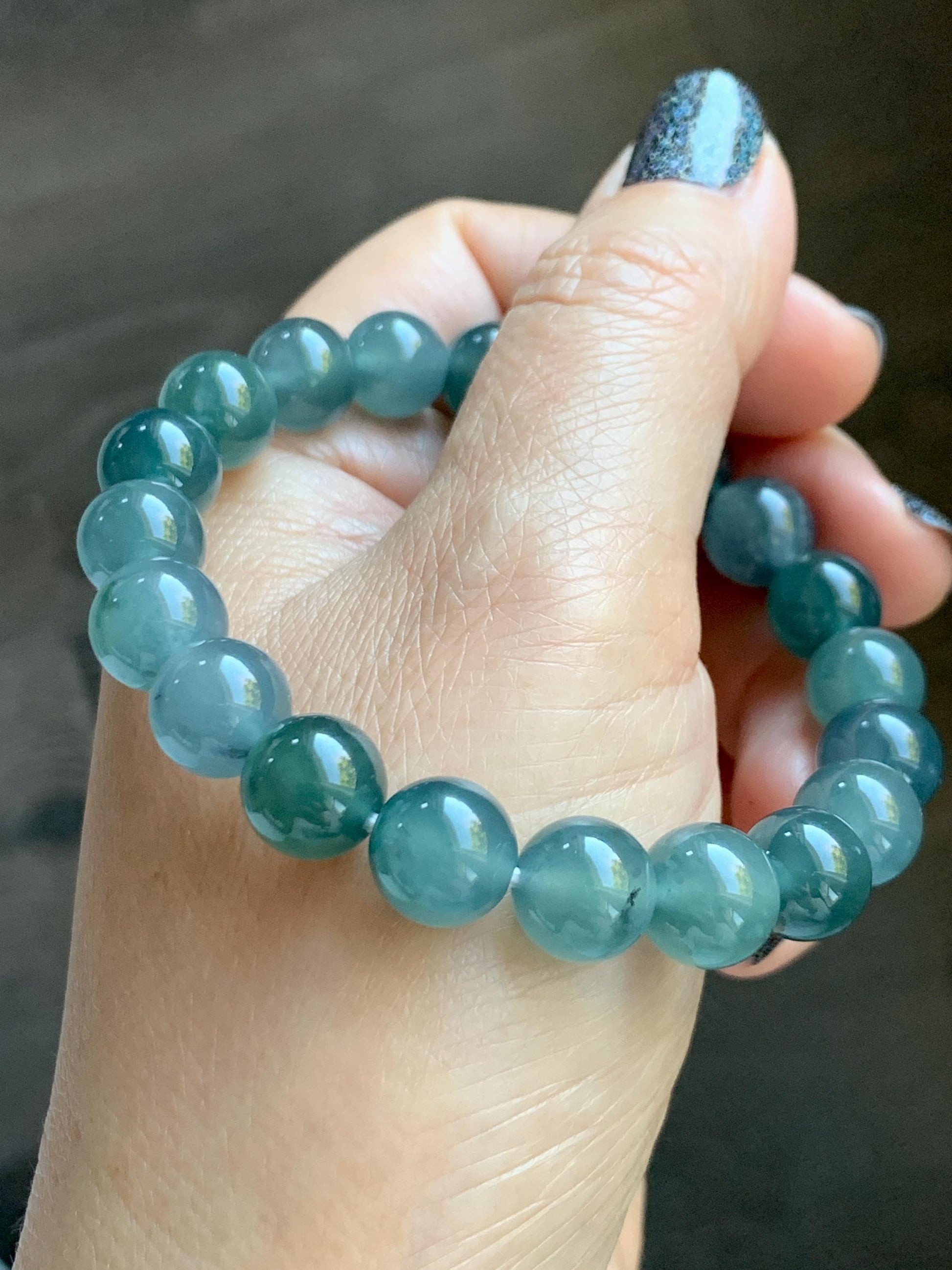 Natural Grade A Guatemalan Icy Translucent Dark Teal Blue Jade Jadeite Beaded Bracelet Stretchy 9.5-9.9mm 7.25” 32g 天然冰危深蓝翡翠圆珠手串 WBD268