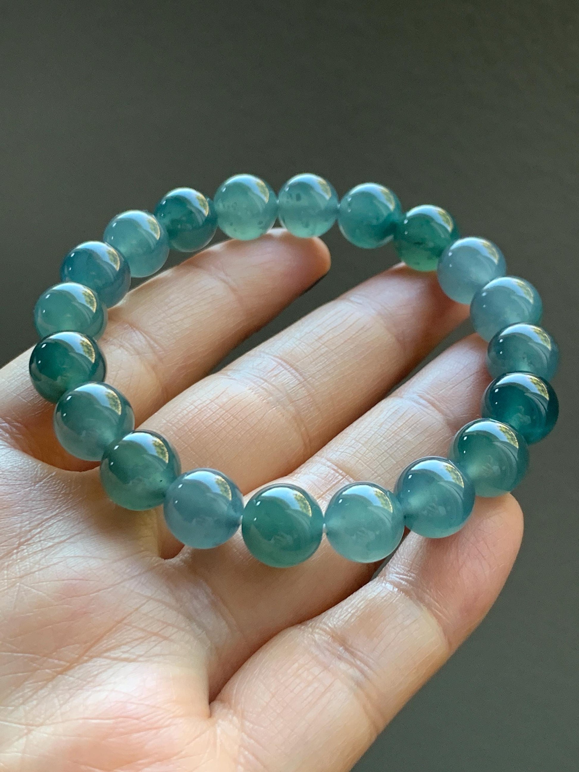 Natural Grade A Guatemalan Icy Translucent Dark Teal Blue Jade Jadeite Beaded Bracelet Stretchy 9.5-9.9mm 7.25” 32g 天然冰危深蓝翡翠圆珠手串 WBD268