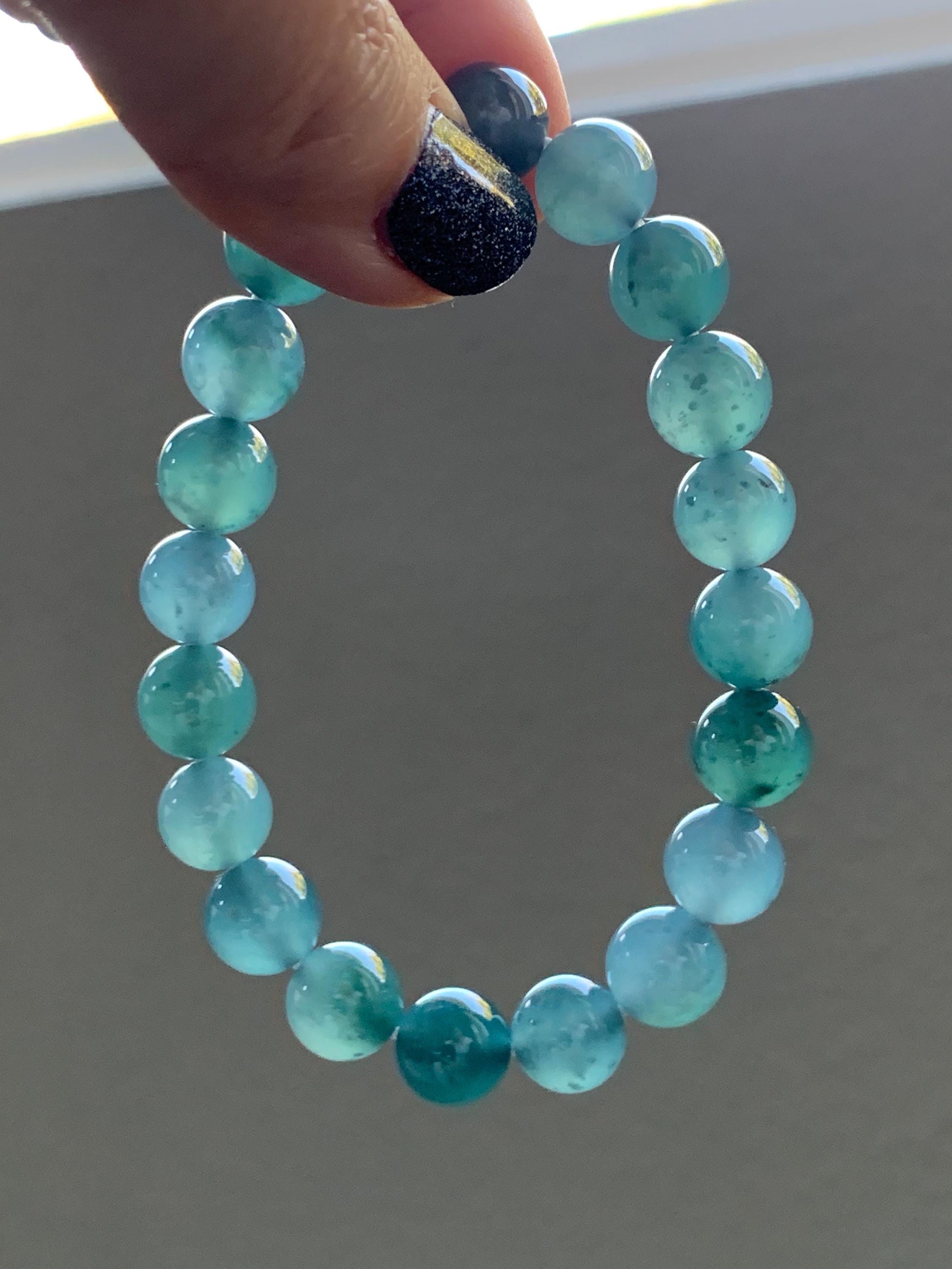 Natural Grade A Guatemalan Icy Translucent Dark Teal Blue Jade Jadeite Beaded Bracelet Stretchy 9.5-9.9mm 7.25” 32g 天然冰危深蓝翡翠圆珠手串 WBD268