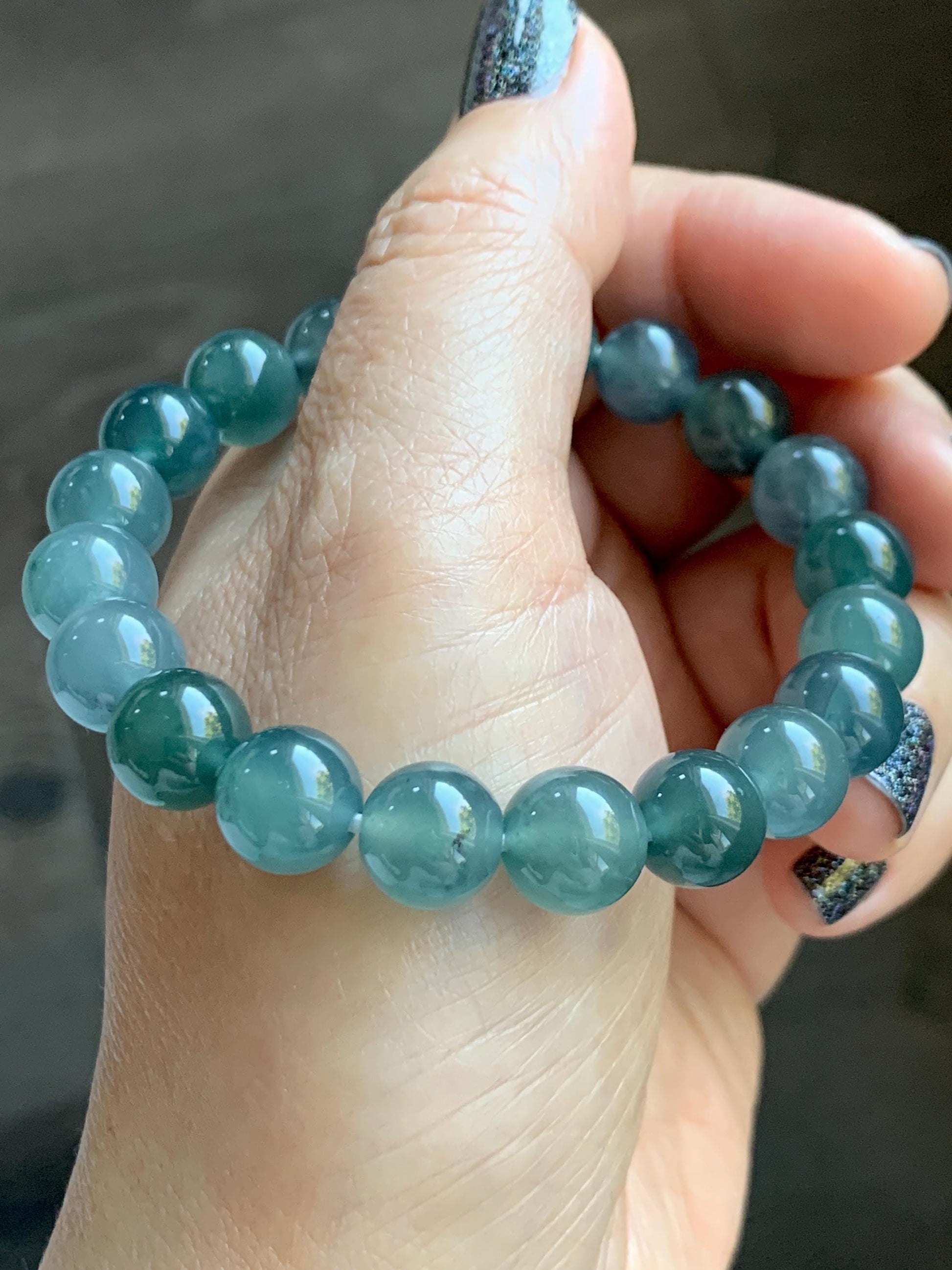 Natural Grade A Guatemalan Icy Translucent Dark Teal Blue Jade Jadeite Beaded Bracelet Stretchy 9.5-9.9mm 7.25” 32g 天然冰危深蓝翡翠圆珠手串 WBD268