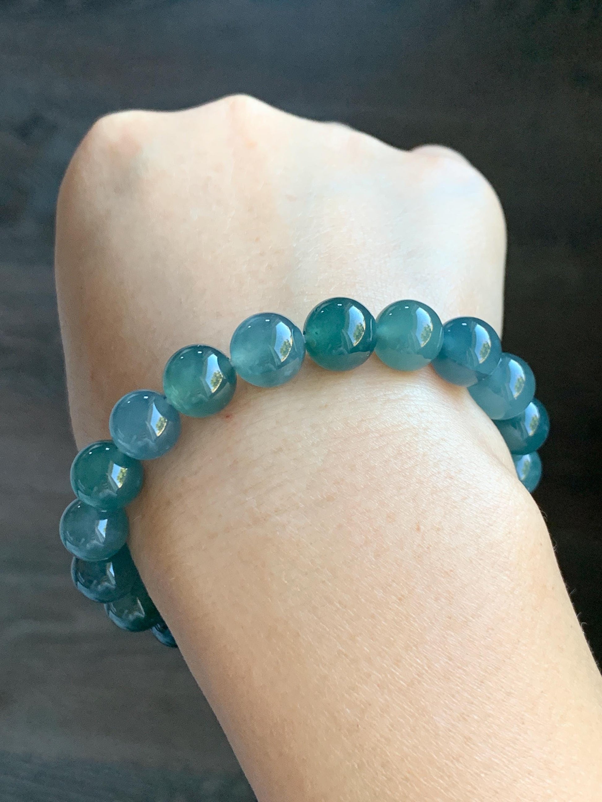 Natural Grade A Guatemalan Icy Translucent Dark Teal Blue Jade Jadeite Beaded Bracelet Stretchy 9.5-9.9mm 7.25” 32g 天然冰危深蓝翡翠圆珠手串 WBD268