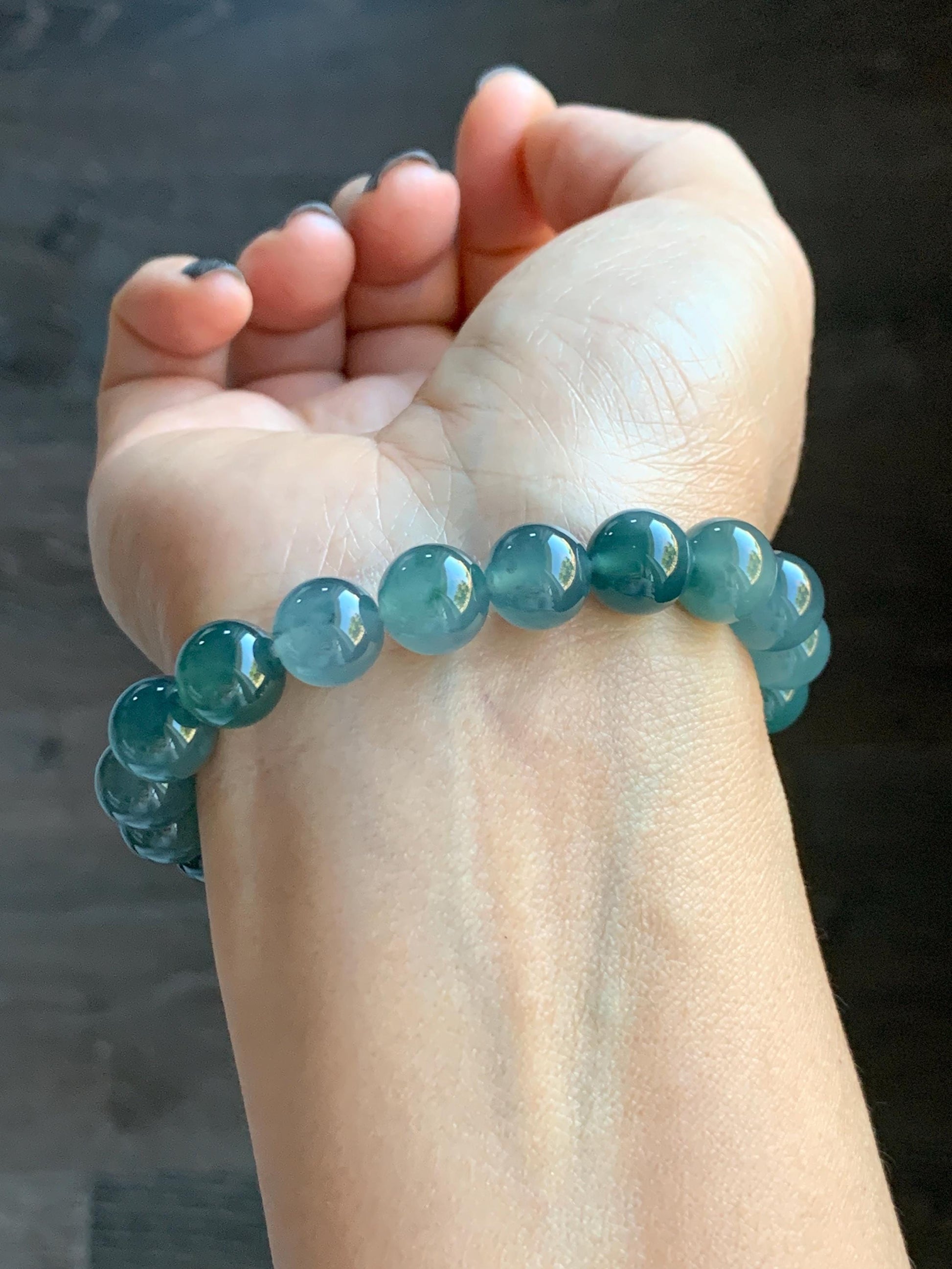 Natural Grade A Guatemalan Icy Translucent Dark Teal Blue Jade Jadeite Beaded Bracelet Stretchy 9.5-9.9mm 7.25” 32g 天然冰危深蓝翡翠圆珠手串 WBD268