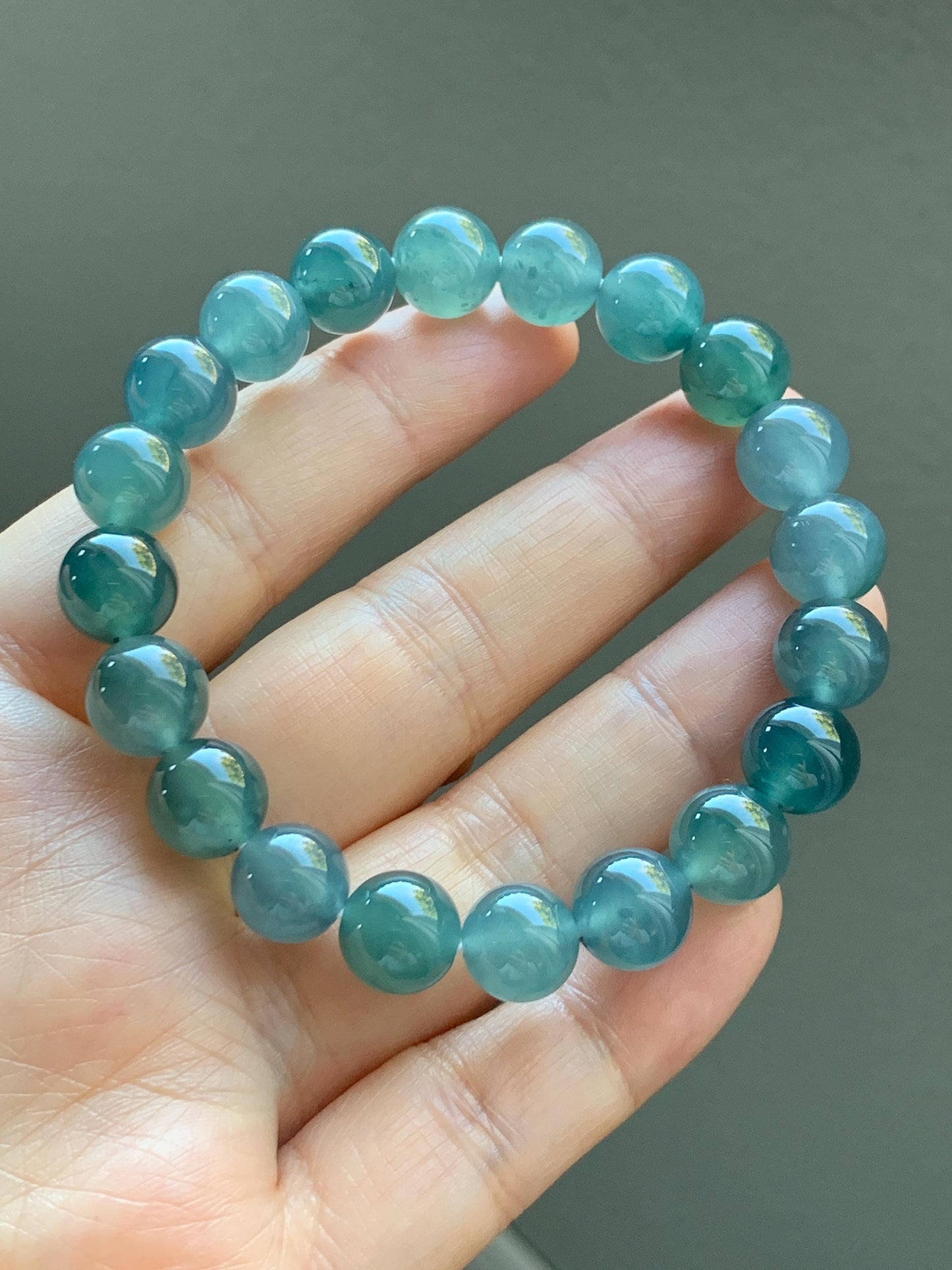 Natural Grade A Guatemalan Icy Translucent Dark Teal Blue Jade Jadeite Beaded Bracelet Stretchy 9.5-9.9mm 7.25” 32g 天然冰危深蓝翡翠圆珠手串 WBD268