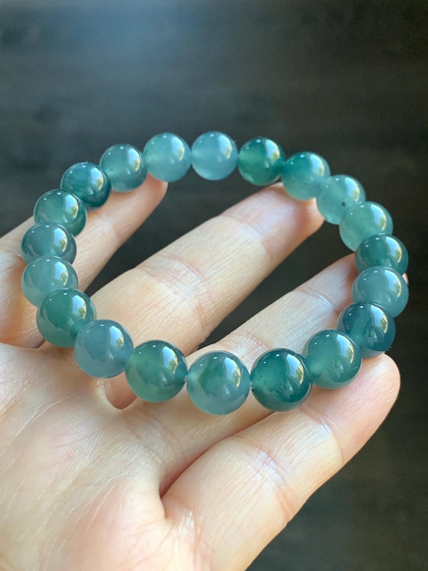 Natural Grade A Guatemalan Icy Translucent Dark Teal Blue Jade Jadeite Beaded Bracelet Stretchy 9.5-9.9mm 7.25” 32g 天然冰危深蓝翡翠圆珠手串 WBD268