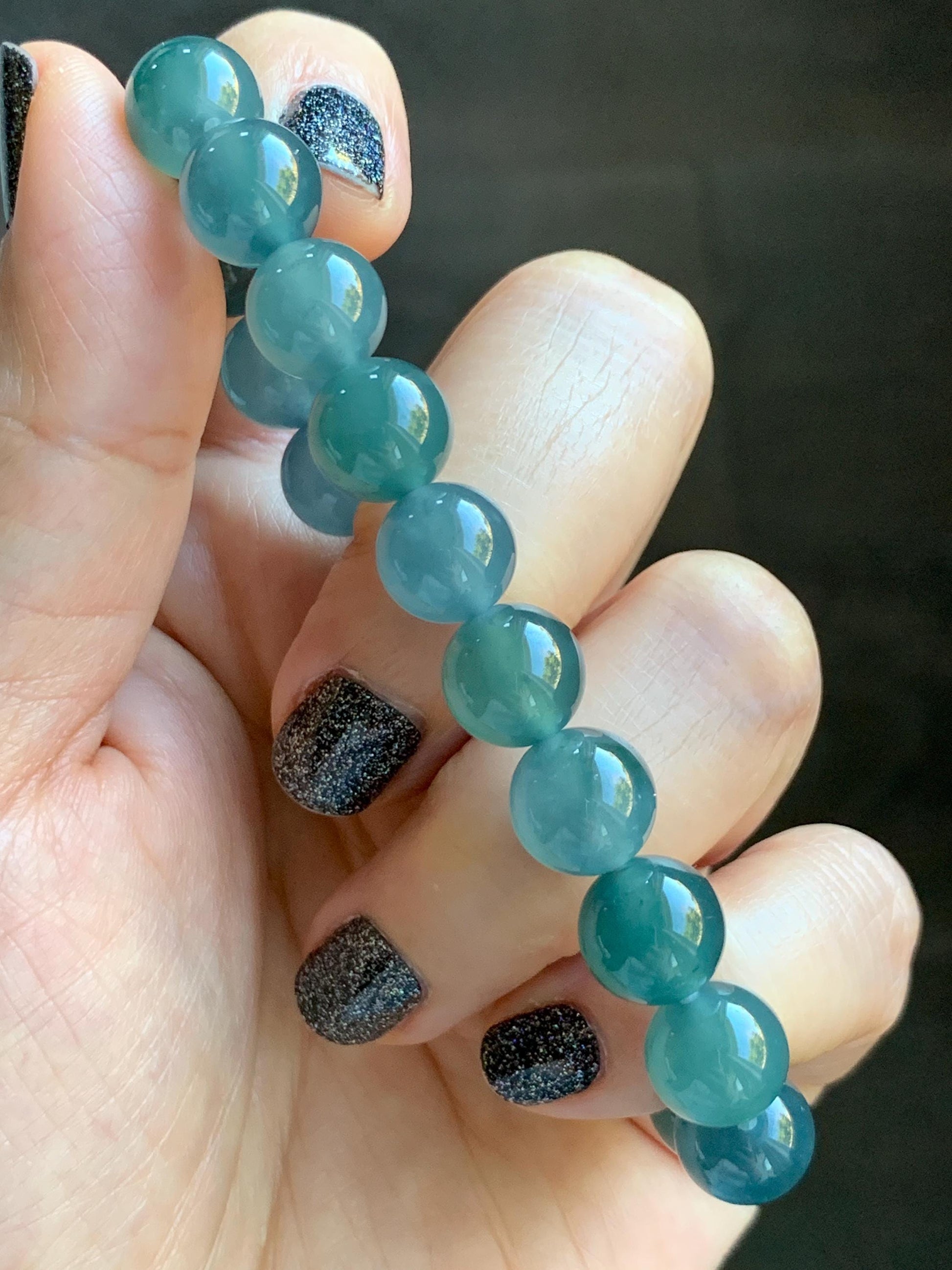 Natural Grade A Guatemalan Icy Translucent Dark Teal Blue Jade Jadeite Beaded Bracelet Stretchy 9.5-9.9mm 7.25” 32g 天然冰危深蓝翡翠圆珠手串 WBD268