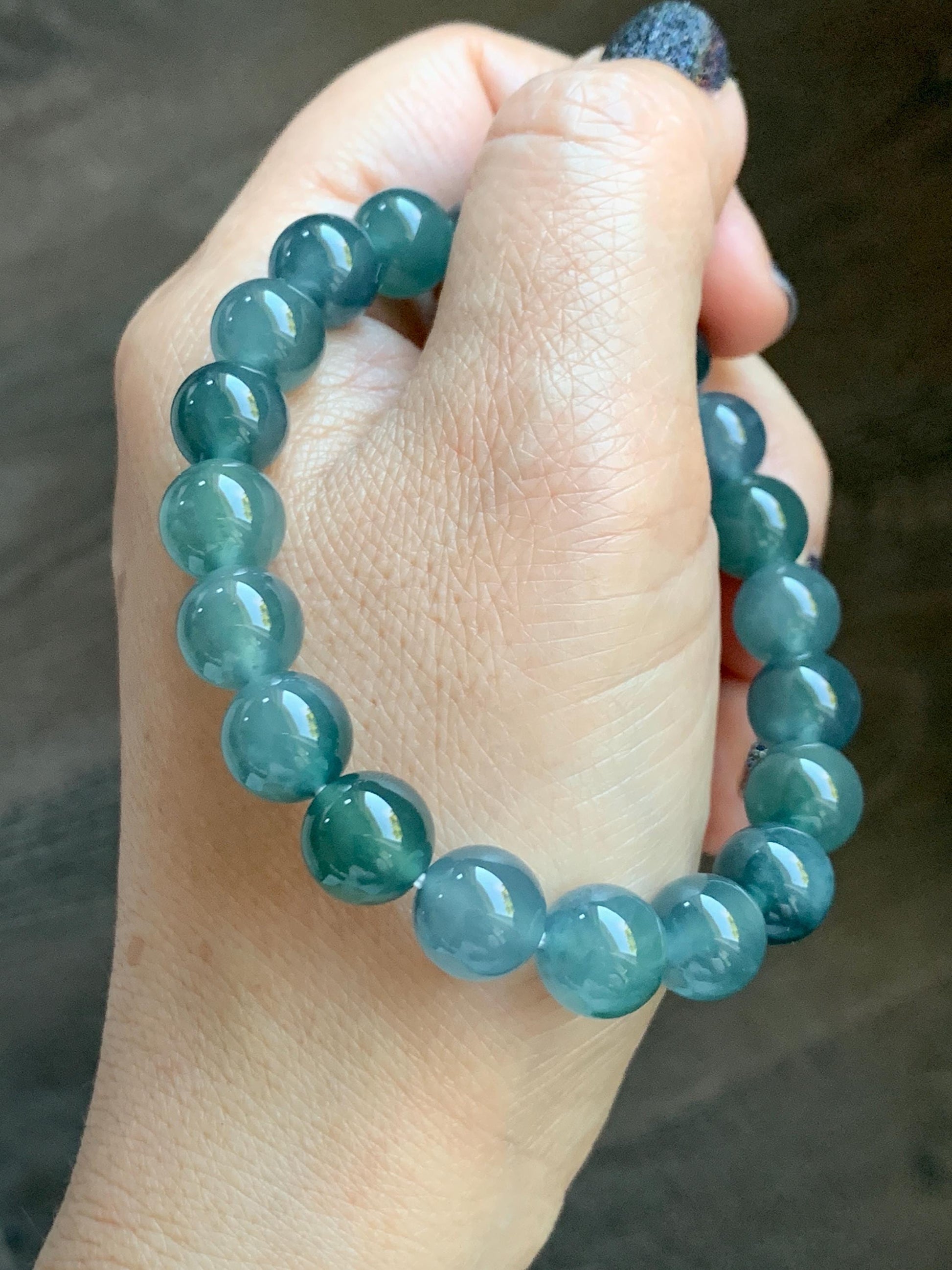 Natural Grade A Guatemalan Icy Translucent Dark Teal Blue Jade Jadeite Beaded Bracelet Stretchy 9.5-9.9mm 7.25” 32g 天然冰危深蓝翡翠圆珠手串 WBD268
