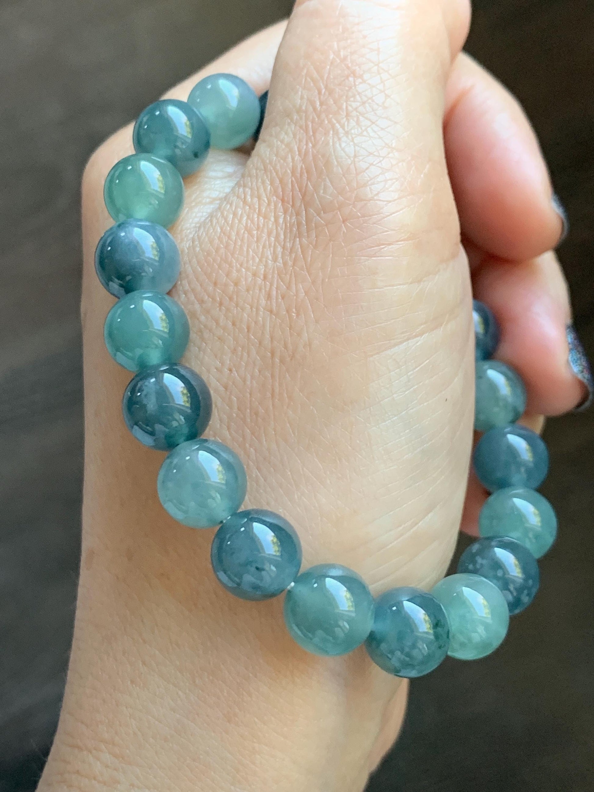 Natural Grade A Guatemalan Icy Translucent Teal Blue Multicolored Jade Jadeite Beaded Bracelet 9.8mm 7.25” 33g 天然冰危蓝水多宝翡翠手串 WDB275