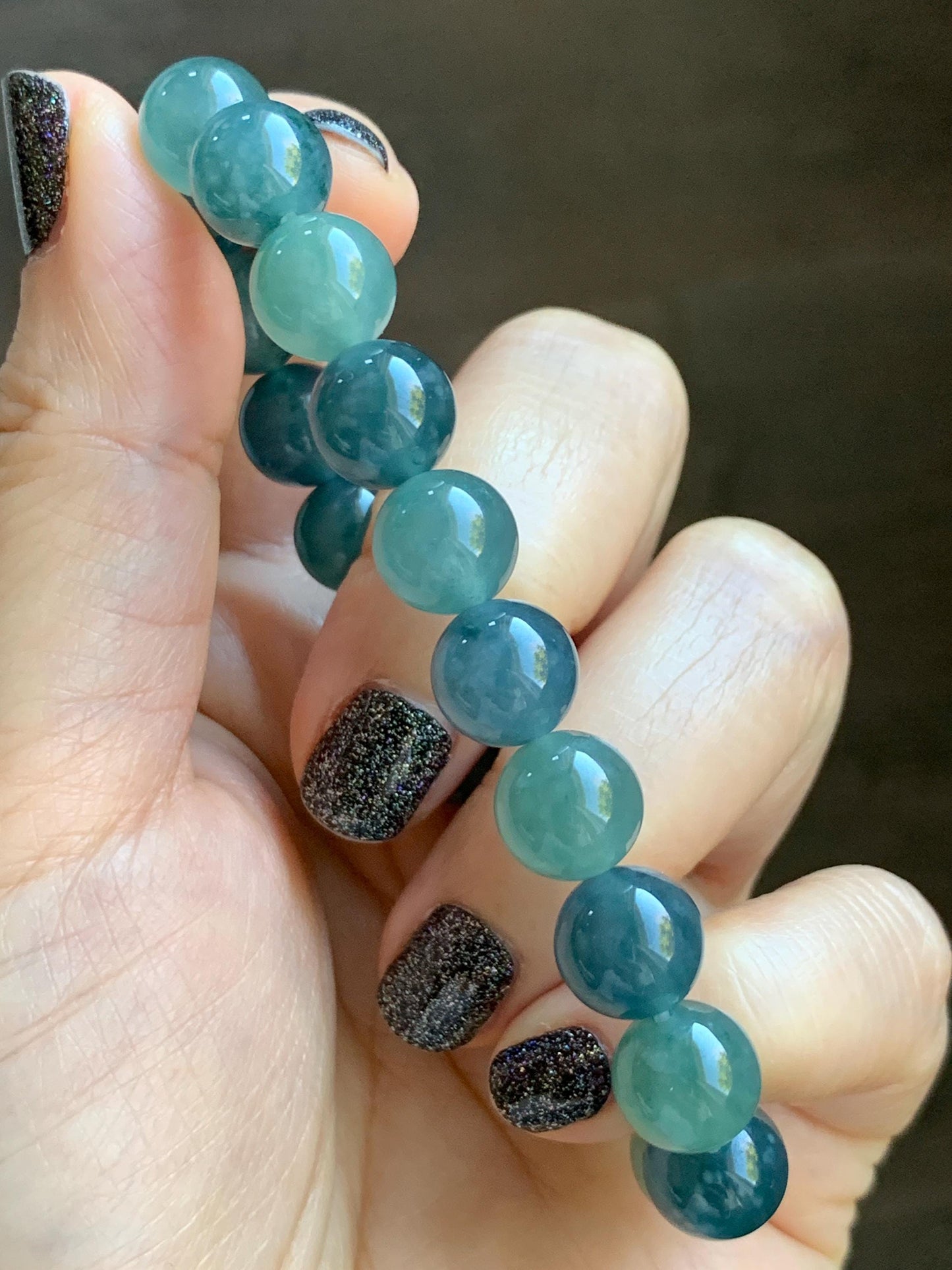 Natural Grade A Guatemalan Icy Translucent Teal Blue Multicolored Jade Jadeite Beaded Bracelet 9.8mm 7.25” 33g 天然冰危蓝水多宝翡翠手串 WDB275