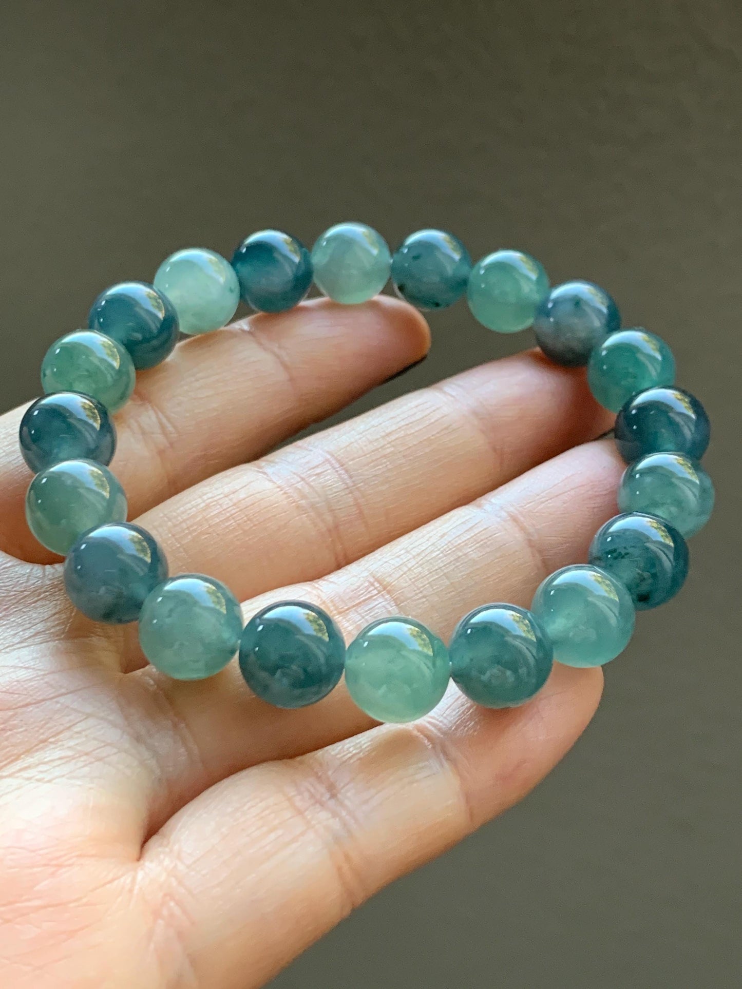 Natural Grade A Guatemalan Icy Translucent Teal Blue Multicolored Jade Jadeite Beaded Bracelet 9.8mm 7.25” 33g 天然冰危蓝水多宝翡翠手串 WDB275