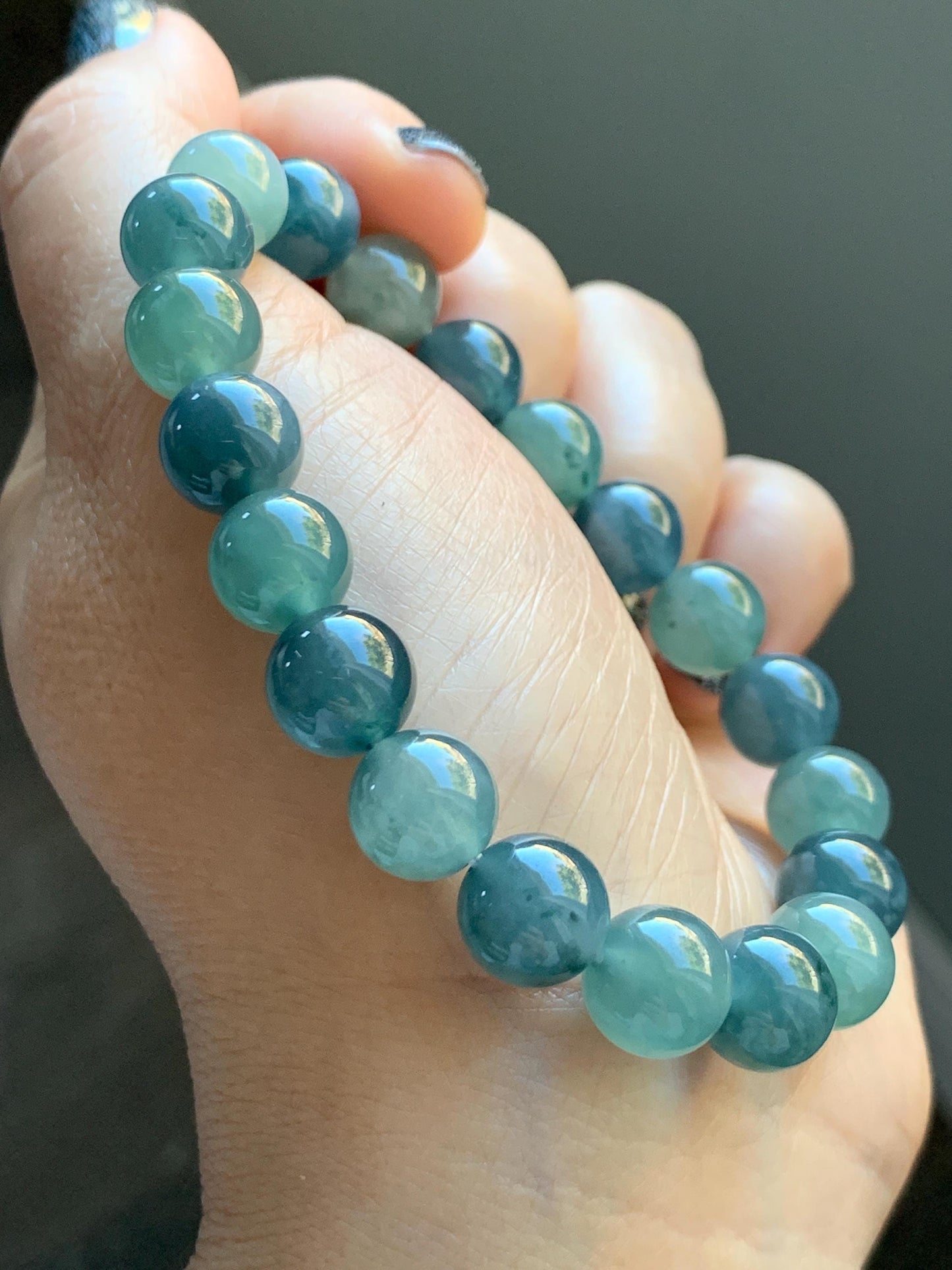 Natural Grade A Guatemalan Icy Translucent Teal Blue Multicolored Jade Jadeite Beaded Bracelet 9.8mm 7.25” 33g 天然冰危蓝水多宝翡翠手串 WDB275