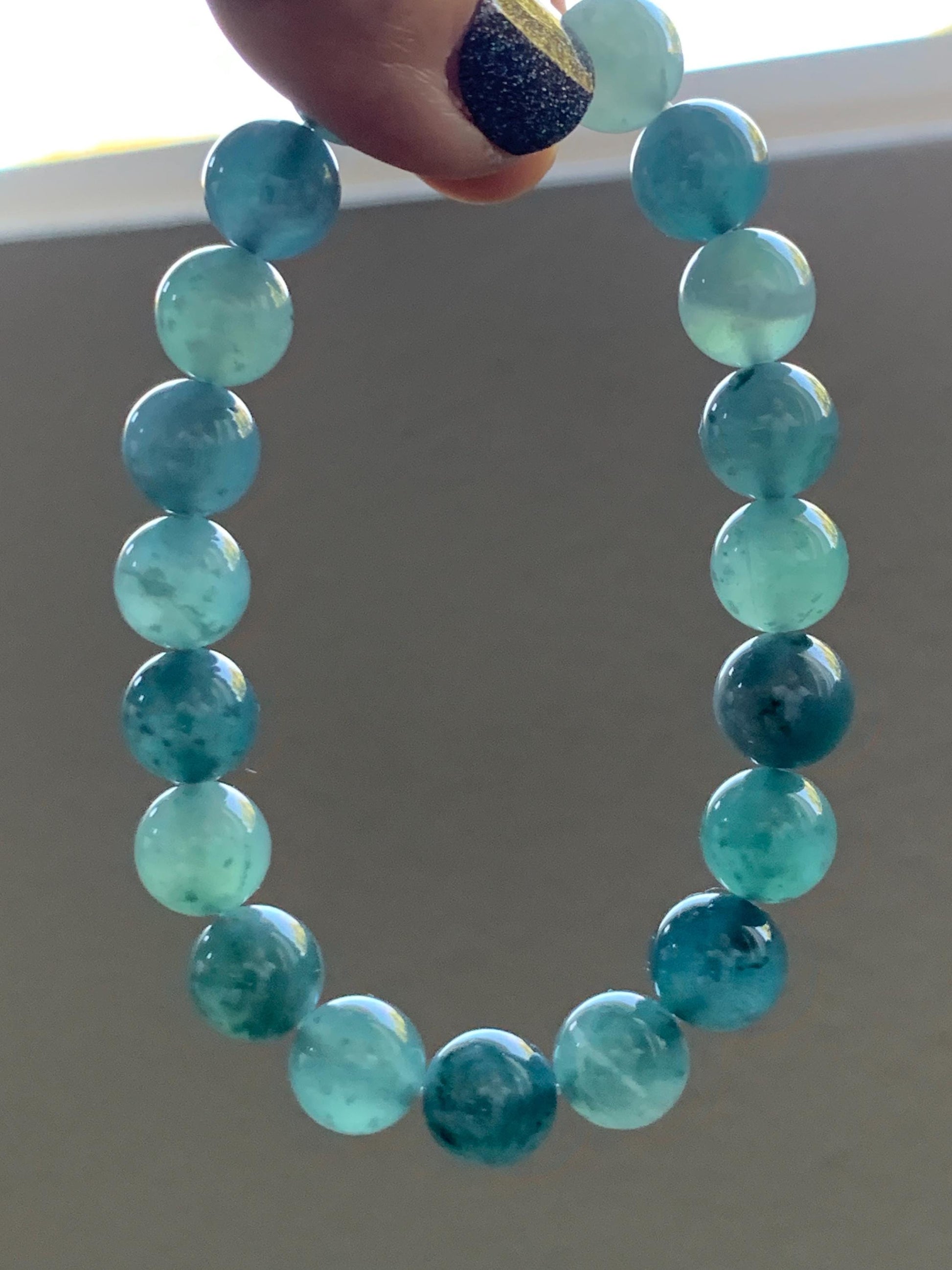 Natural Grade A Guatemalan Icy Translucent Teal Blue Multicolored Jade Jadeite Beaded Bracelet 9.8mm 7.25” 33g 天然冰危蓝水多宝翡翠手串 WDB275