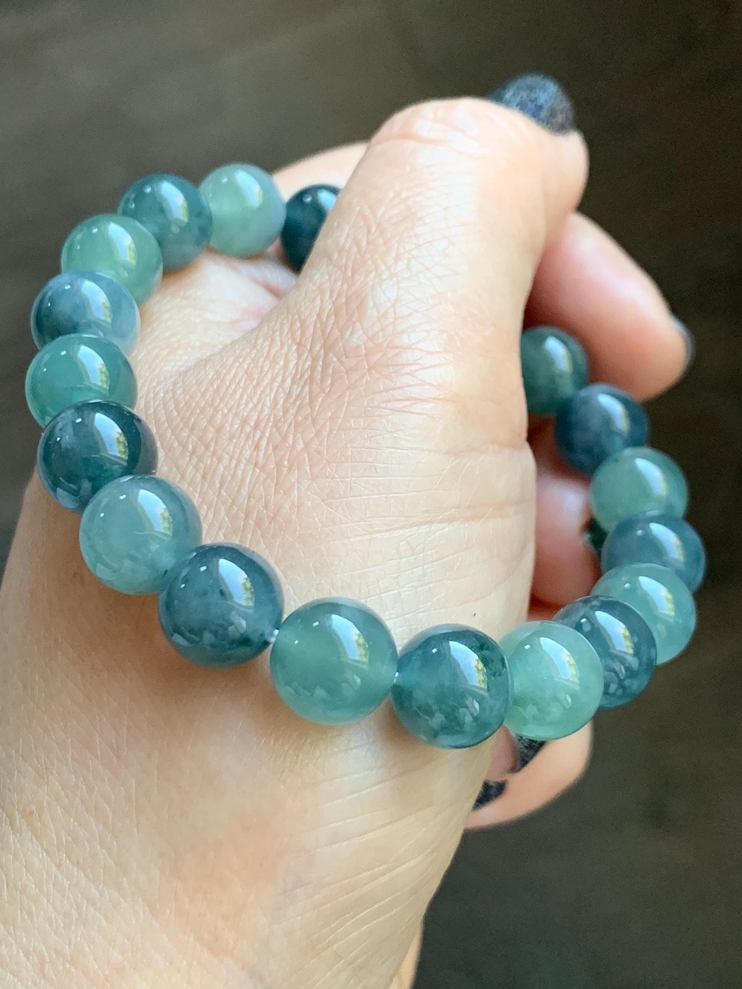Natural Grade A Guatemalan Icy Translucent Teal Blue Multicolored Jade Jadeite Beaded Bracelet 9.8mm 7.25” 33g 天然冰危蓝水多宝翡翠手串 WDB275