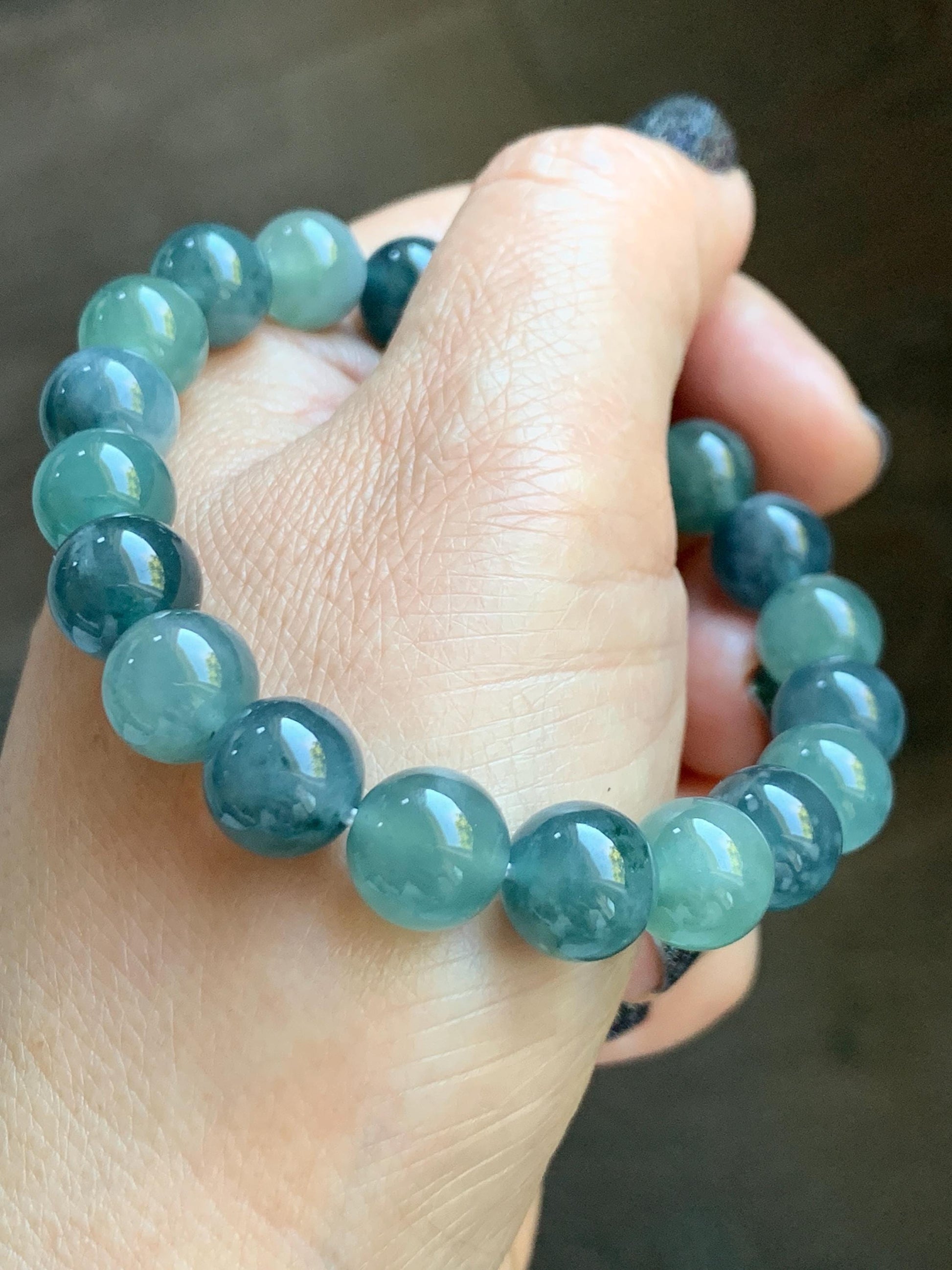 Natural Grade A Guatemalan Icy Translucent Teal Blue Multicolored Jade Jadeite Beaded Bracelet 9.8mm 7.25” 33g 天然冰危蓝水多宝翡翠手串 WDB275
