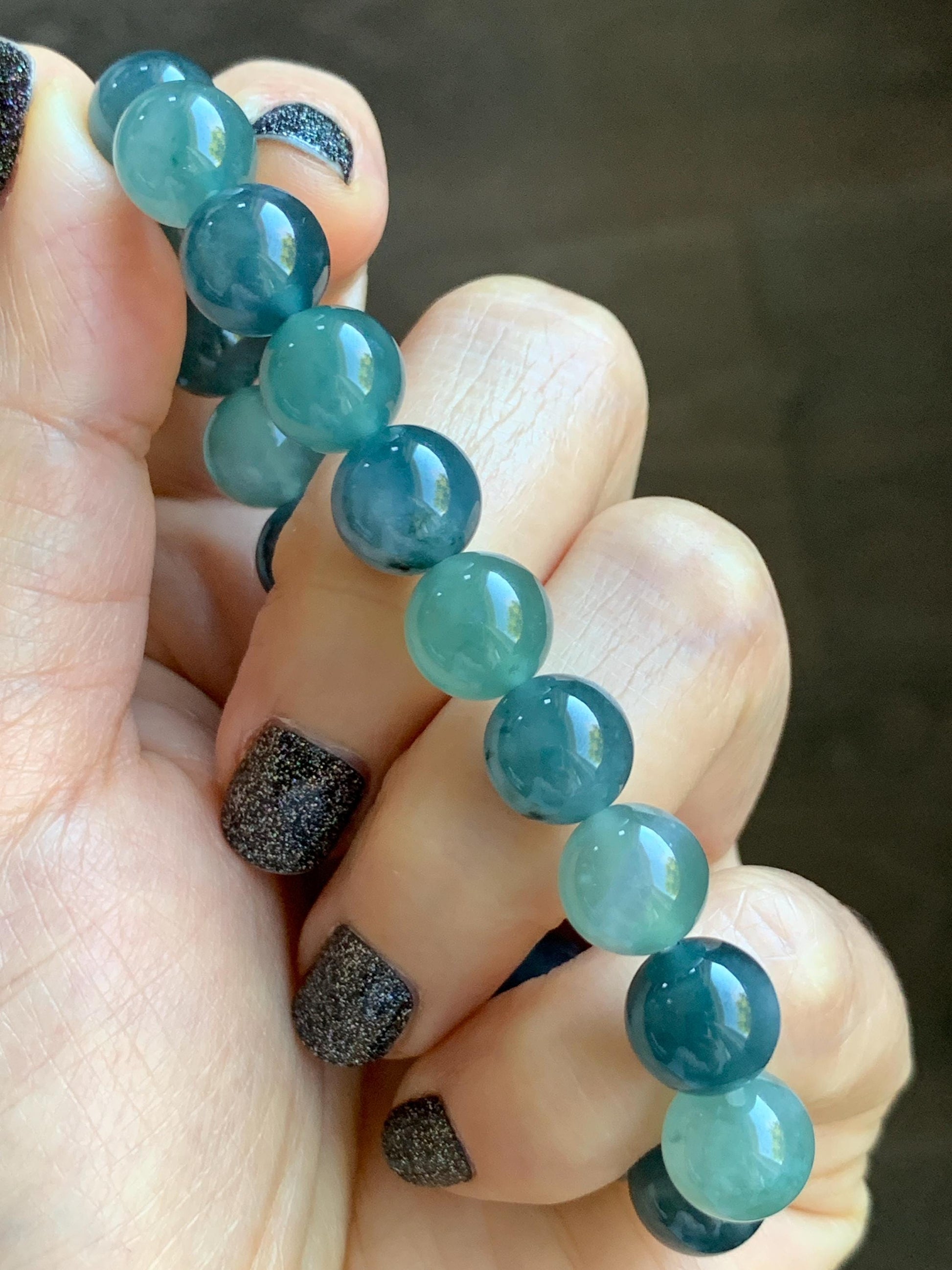 Natural Grade A Guatemalan Icy Translucent Teal Blue Multicolored Jade Jadeite Beaded Bracelet 9.8mm 7.25” 33g 天然冰危蓝水多宝翡翠手串 WDB275