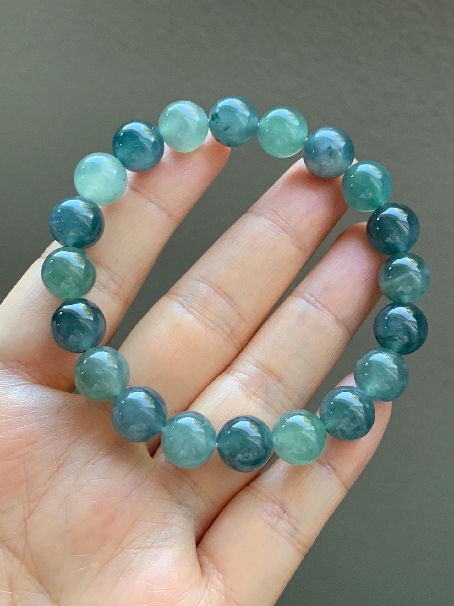 Natural Grade A Guatemalan Icy Translucent Teal Blue Multicolored Jade Jadeite Beaded Bracelet 9.8mm 7.25” 33g 天然冰危蓝水多宝翡翠手串 WDB275