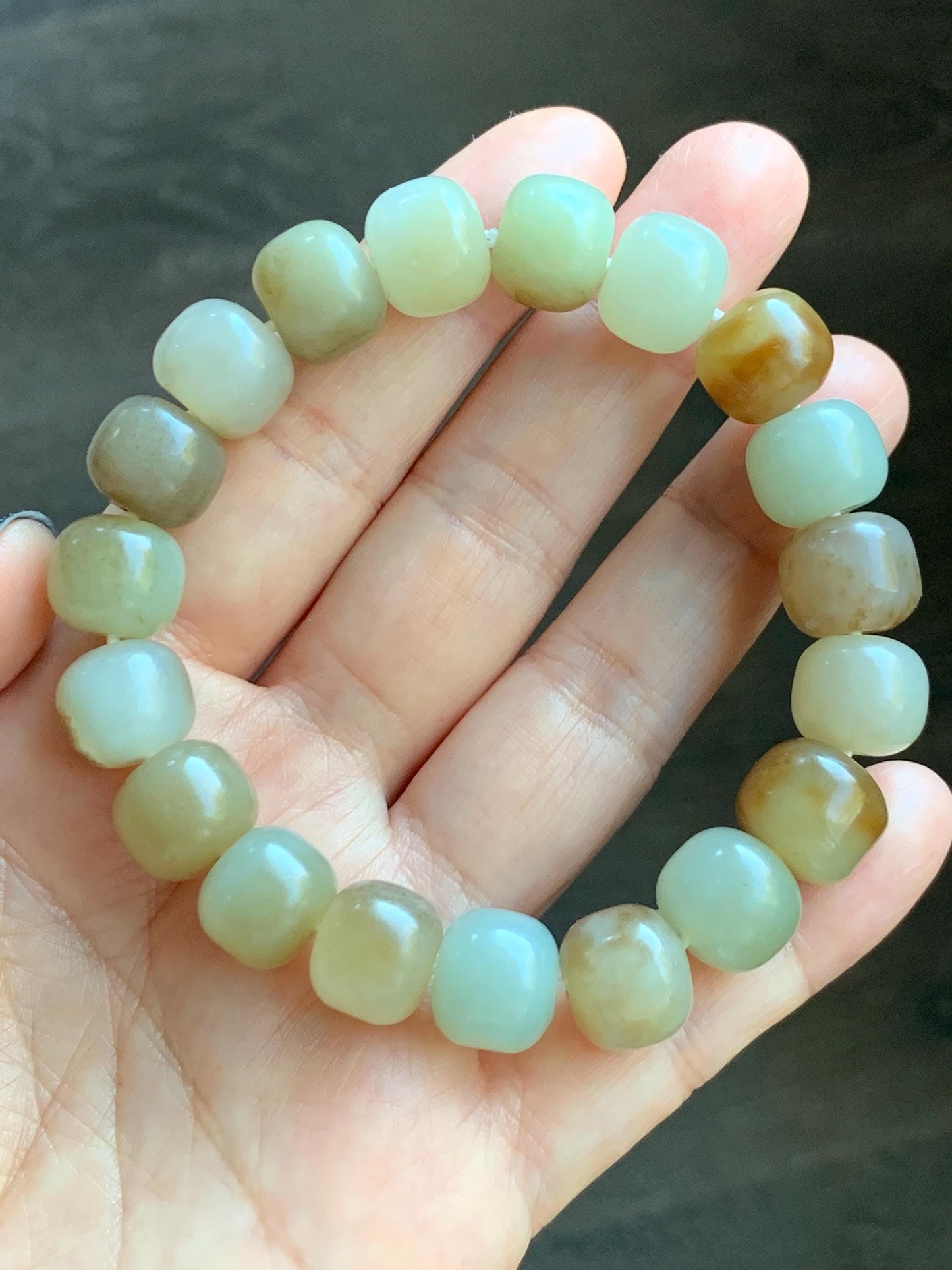 Natural Nephrite Jade Beige Brown Translucent Large Barrel Beads Beaded Bracelet Matte Finish 7.25" 49g 天然和田玉糖色哑光桶珠手串 HTTS150