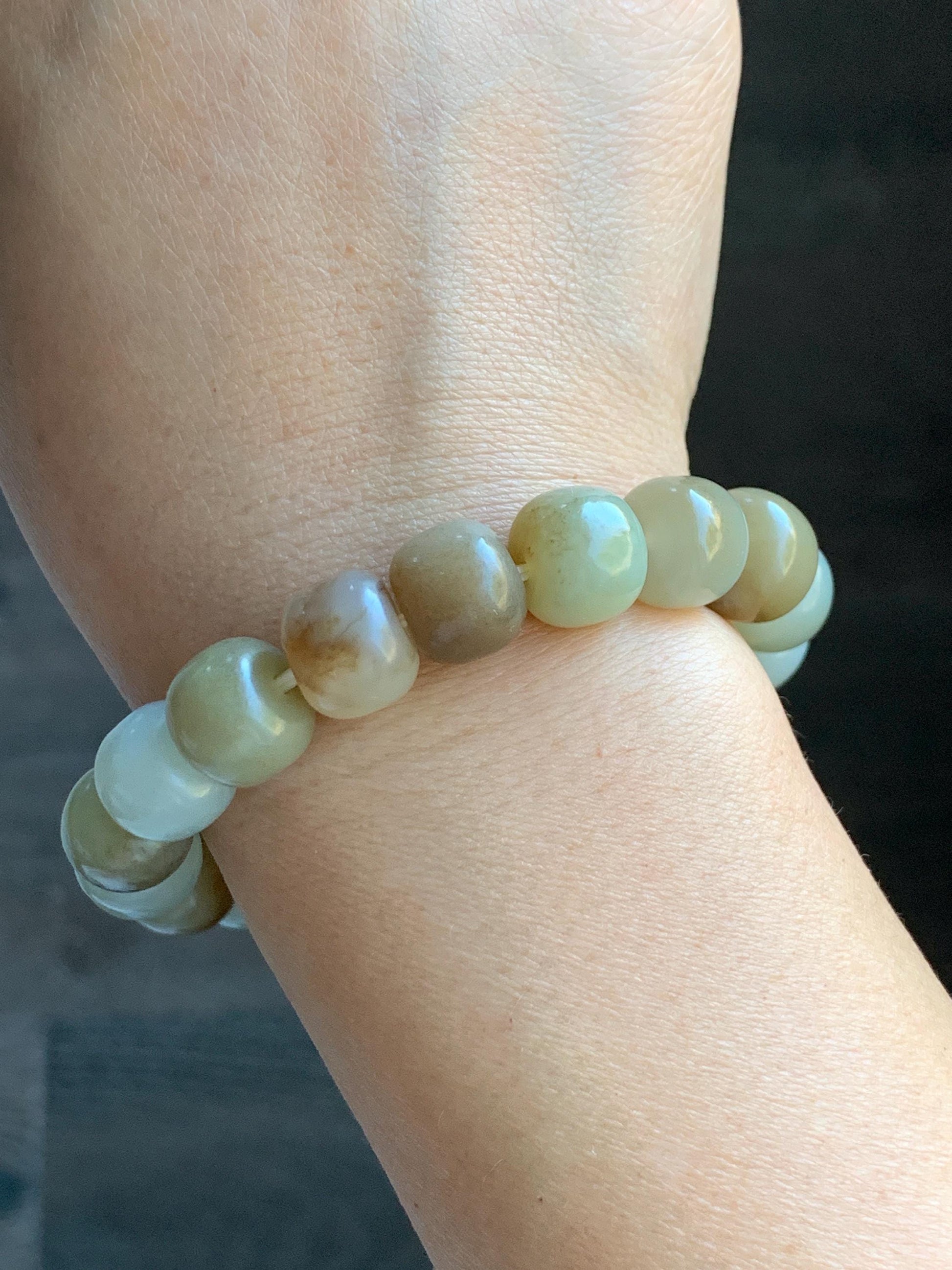 Natural Nephrite Jade Beige Brown Translucent Large Barrel Beads Beaded Bracelet Matte Finish 7.25" 49g 天然和田玉糖色哑光桶珠手串 HTTS150