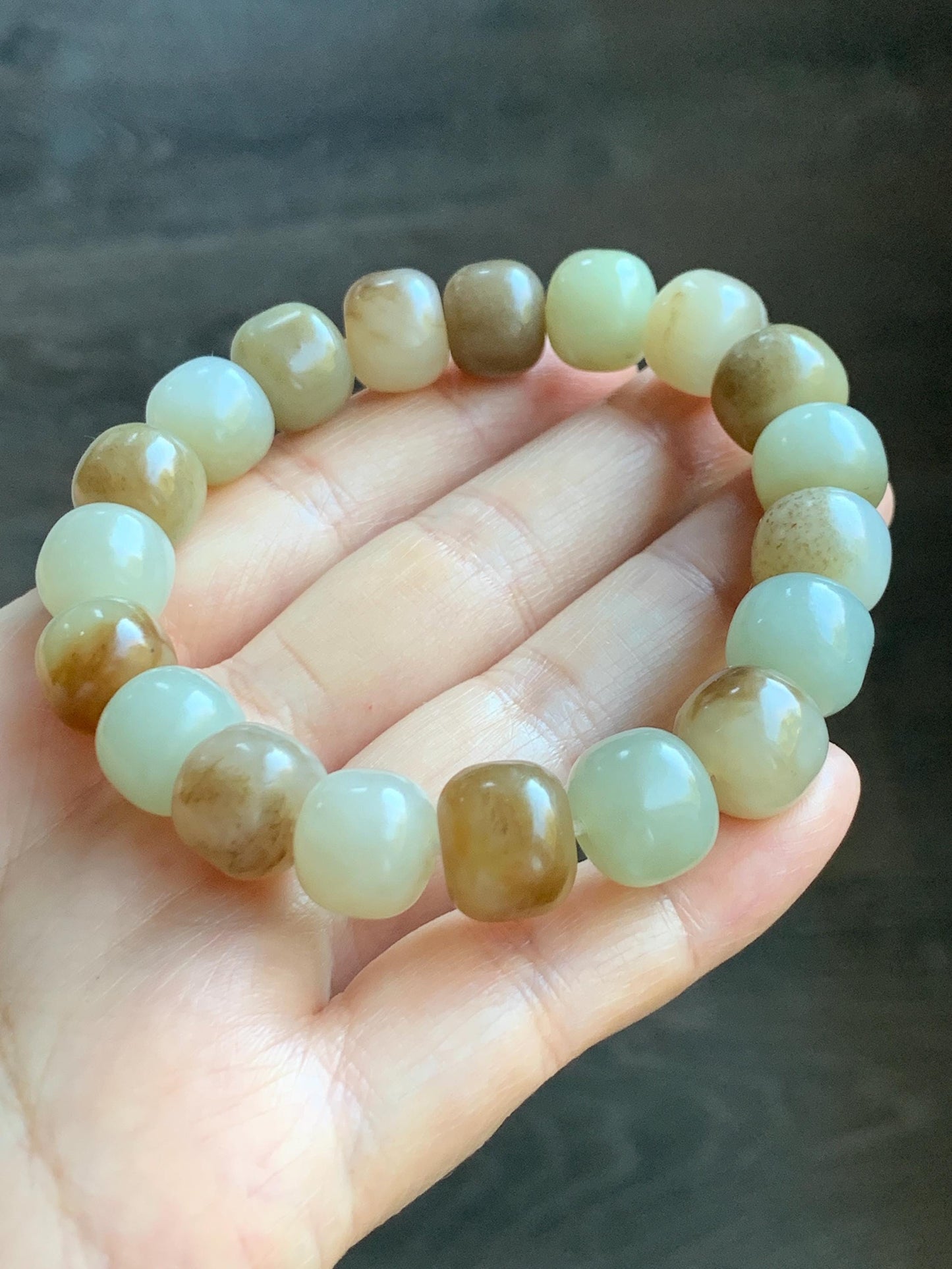 Natural Nephrite Jade Beige Brown Translucent Large Barrel Beads Beaded Bracelet Matte Finish 7.25" 49g 天然和田玉糖色哑光桶珠手串 HTTS150