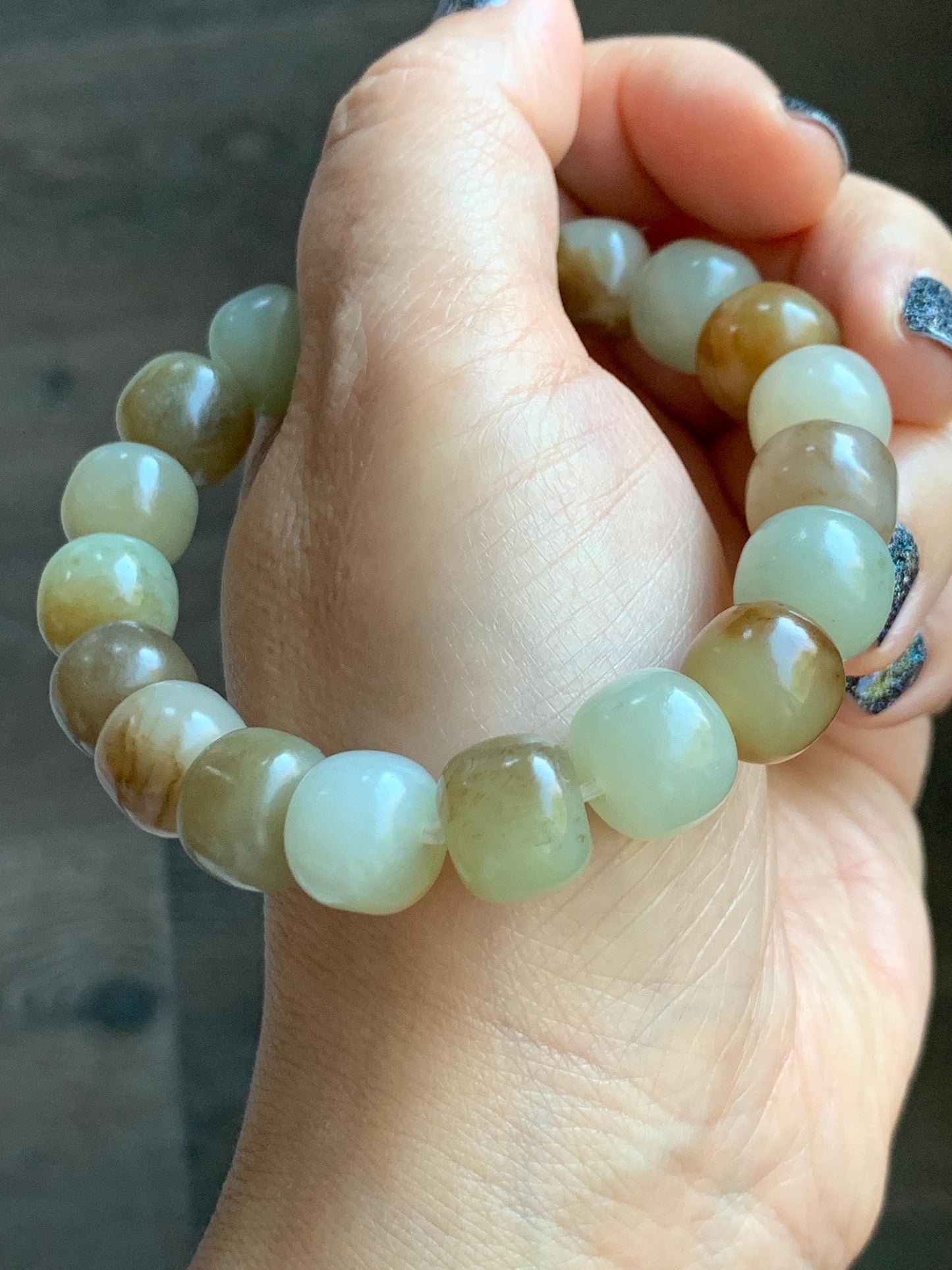 Natural Nephrite Jade Beige Brown Translucent Large Barrel Beads Beaded Bracelet Matte Finish 7.25" 49g 天然和田玉糖色哑光桶珠手串 HTTS150