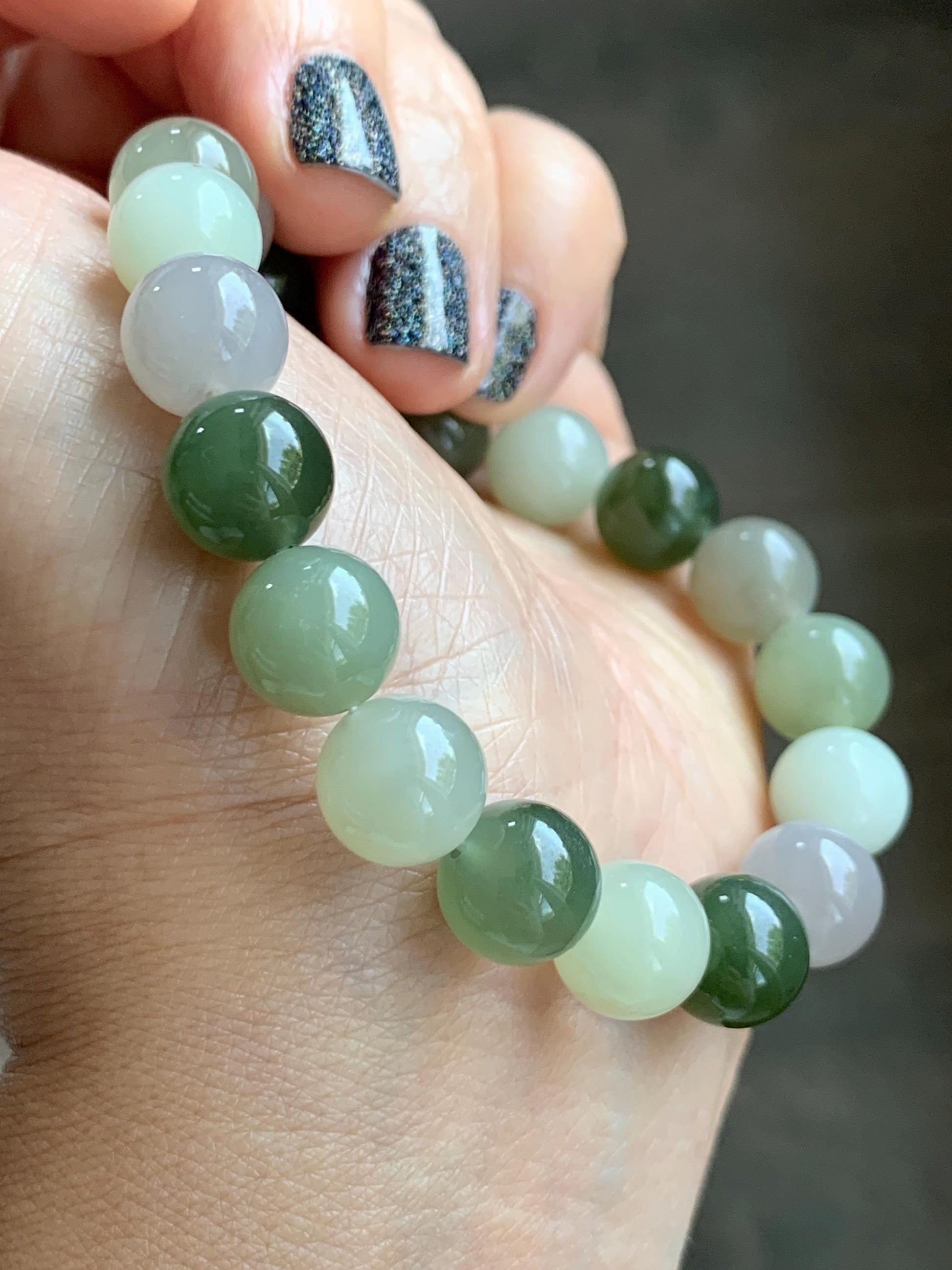 Natural Nephrite Jade Multicolored Translucent Large Round Beads Beaded Bracelet Stretchy 9.9mm 7" 29g 天然和田玉多宝圆珠手串 HTDB150