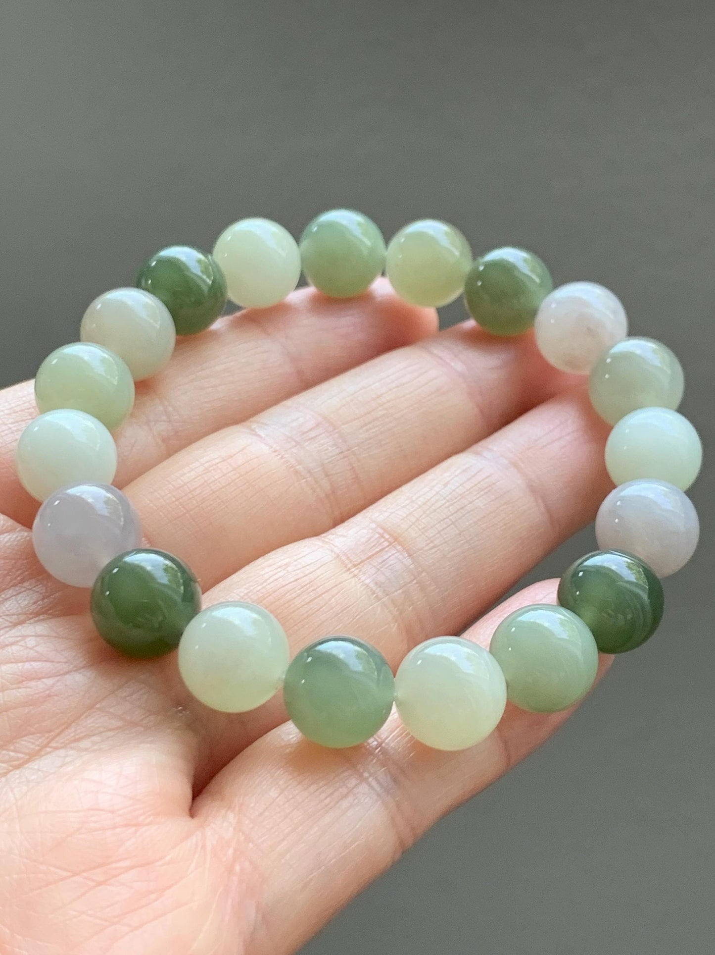 Natural Nephrite Jade Multicolored Translucent Large Round Beads Beaded Bracelet Stretchy 9.9mm 7" 29g 天然和田玉多宝圆珠手串 HTDB150