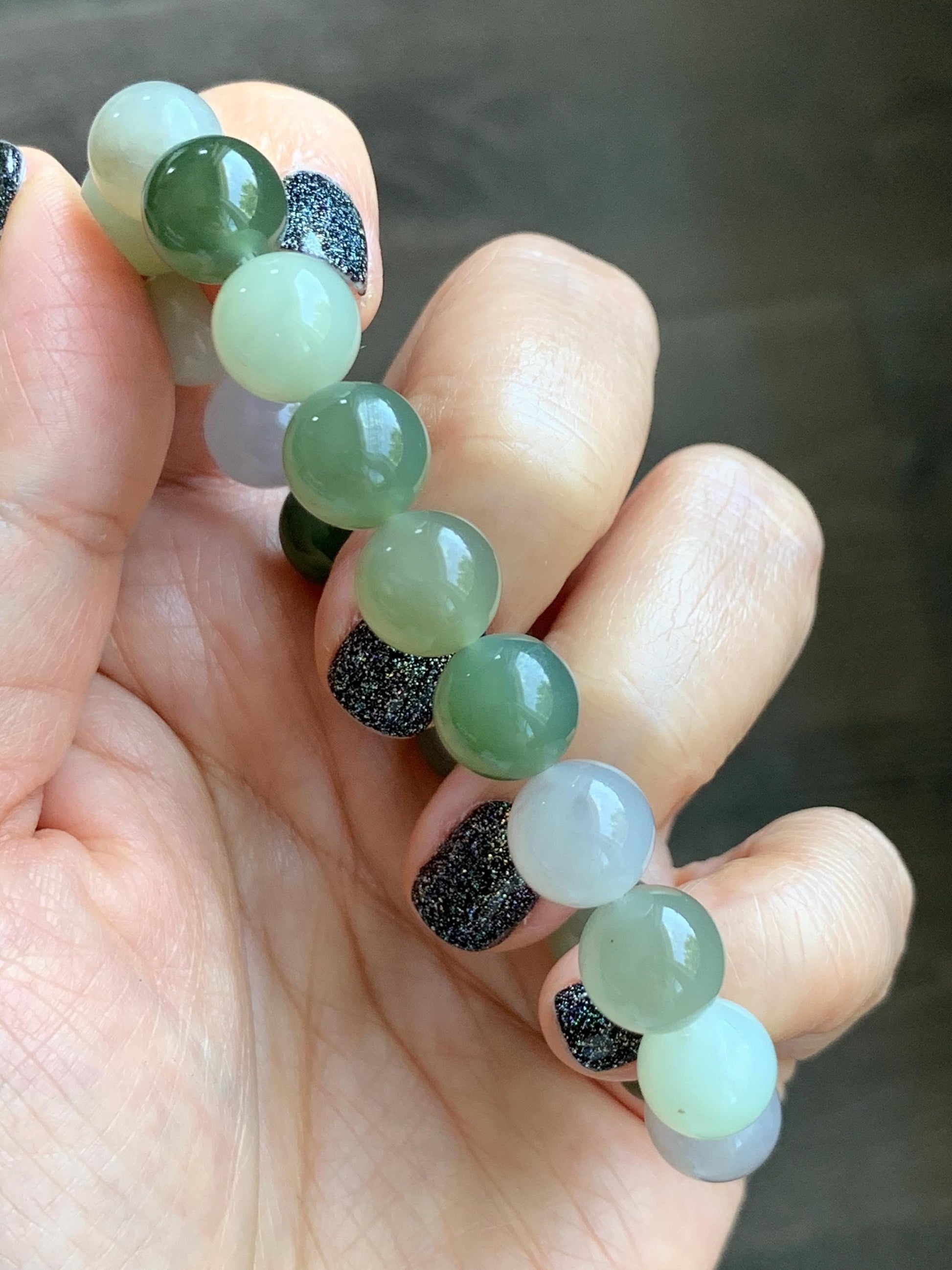 Natural Nephrite Jade Multicolored Translucent Large Round Beads Beaded Bracelet Stretchy 9.9mm 7" 29g 天然和田玉多宝圆珠手串 HTDB150