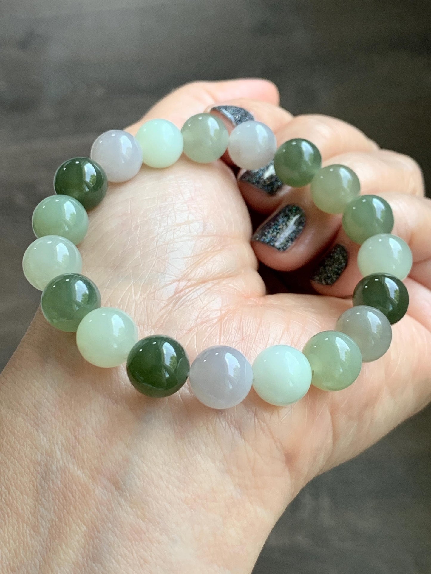 Natural Nephrite Jade Multicolored Translucent Large Round Beads Beaded Bracelet Stretchy 9.9mm 7" 29g 天然和田玉多宝圆珠手串 HTDB150