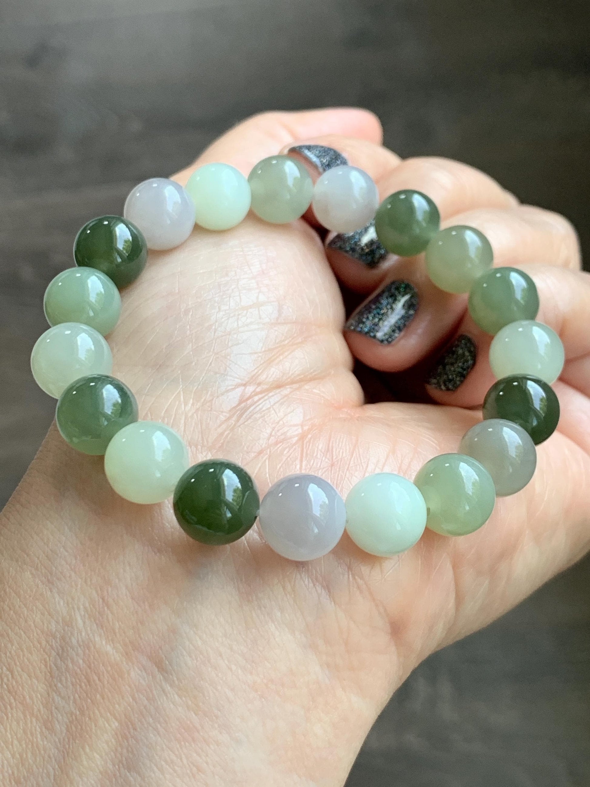 Natural Nephrite Jade Multicolored Translucent Large Round Beads Beaded Bracelet Stretchy 9.9mm 7" 29g 天然和田玉多宝圆珠手串 HTDB150