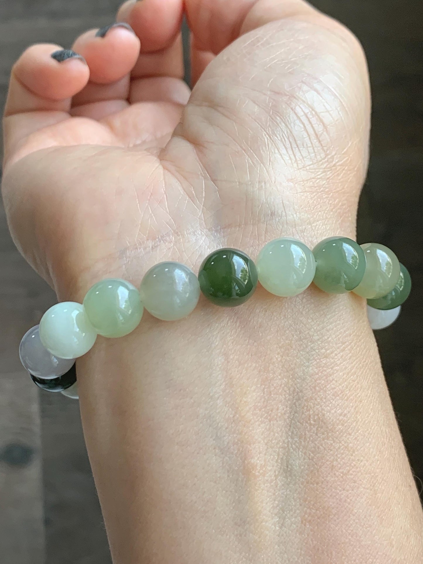 Natural Nephrite Jade Multicolored Translucent Large Round Beads Beaded Bracelet Stretchy 9.9mm 7" 29g 天然和田玉多宝圆珠手串 HTDB150