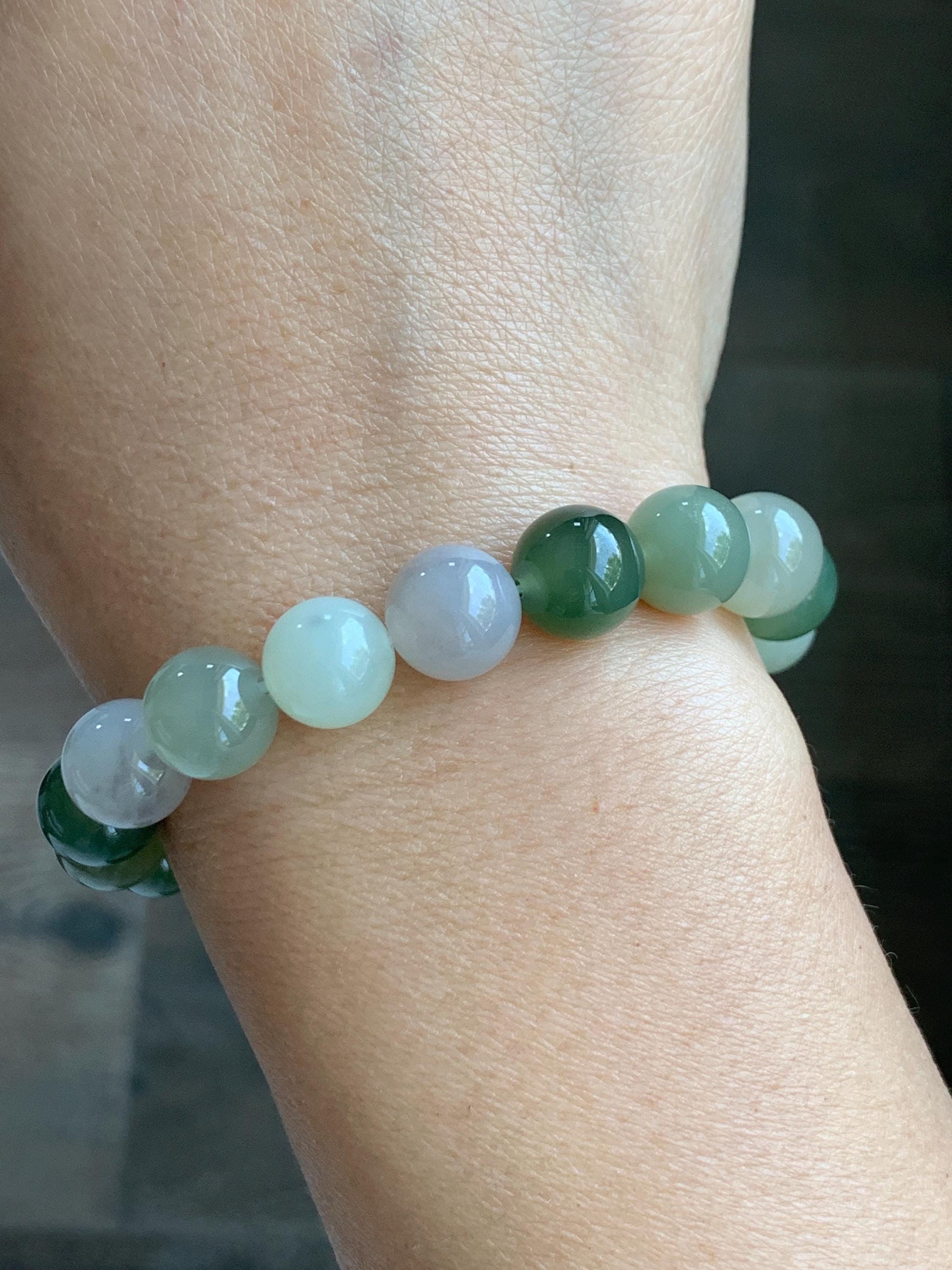 Natural Nephrite Jade Multicolored Translucent Large Round Beads Beaded Bracelet Stretchy 9.9mm 7" 29g 天然和田玉多宝圆珠手串 HTDB150