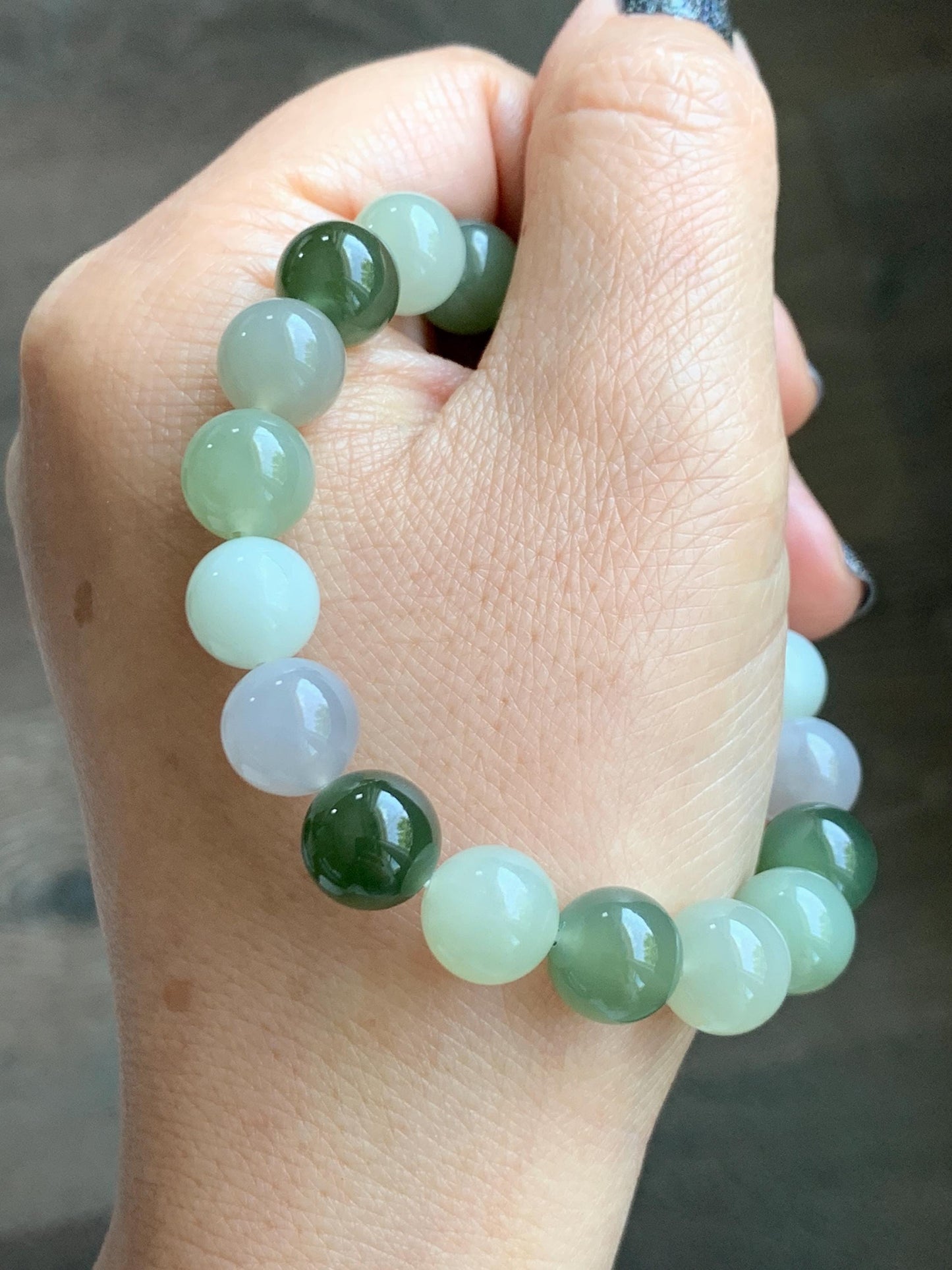 Natural Nephrite Jade Multicolored Translucent Large Round Beads Beaded Bracelet Stretchy 9.9mm 7" 29g 天然和田玉多宝圆珠手串 HTDB150