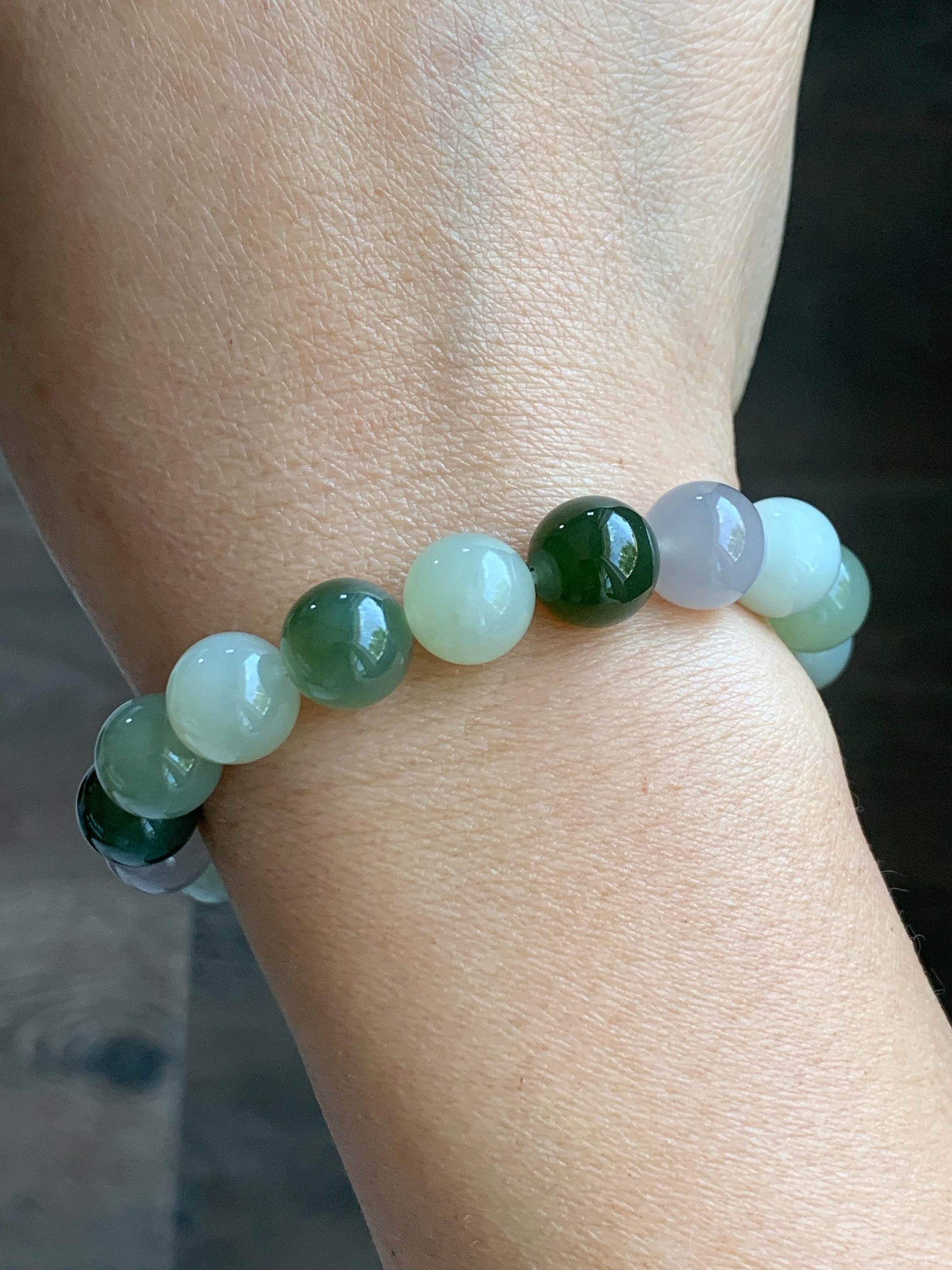 Natural Nephrite Jade Multicolored Translucent Large Round Beads Beaded Bracelet Stretchy 9.9mm 7" 29g 天然和田玉多宝圆珠手串 HTDB150