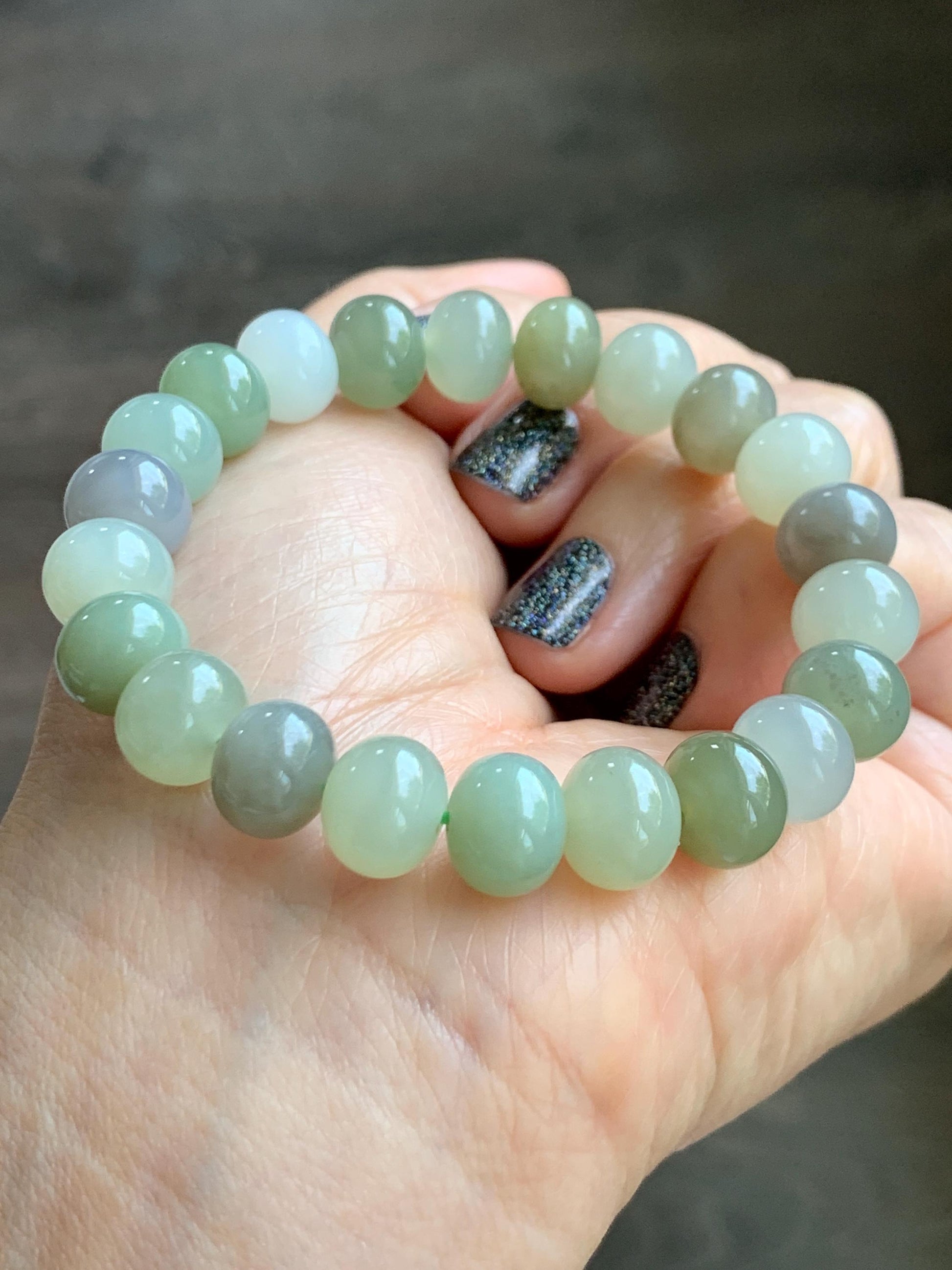 Natural Nephrite Jade Multicolored Translucent Large Drum Beads Beaded Bracelet Stretchy 6.75” 28g 天然和田玉多宝鼓珠手串 HTDB220