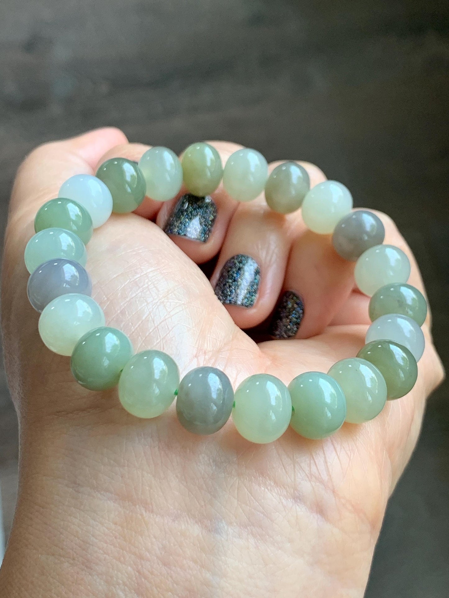 Natural Nephrite Jade Multicolored Translucent Large Drum Beads Beaded Bracelet Stretchy 6.75” 28g 天然和田玉多宝鼓珠手串 HTDB220