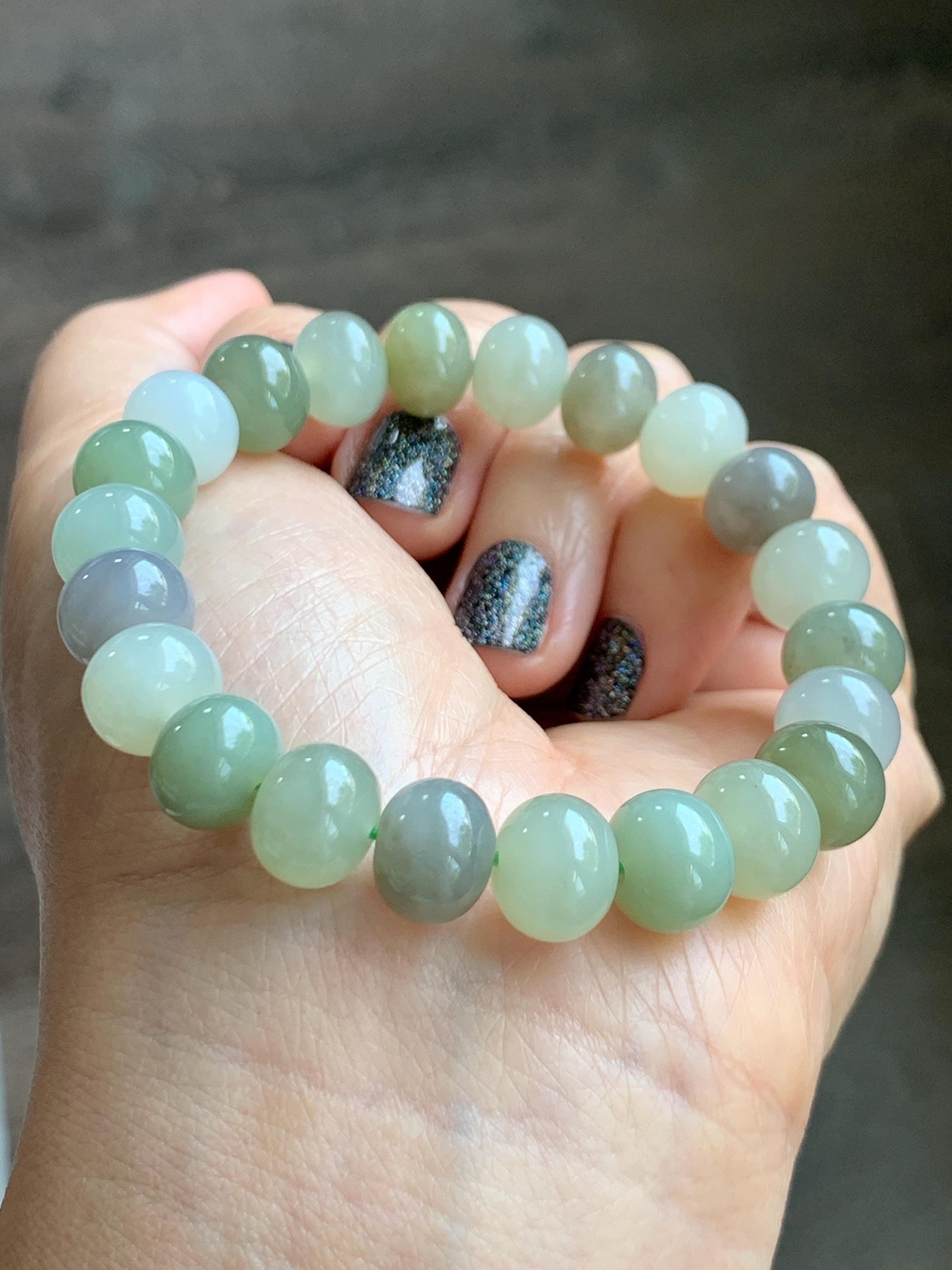 Natural Nephrite Jade Multicolored Translucent Large Drum Beads Beaded Bracelet Stretchy 6.75” 28g 天然和田玉多宝鼓珠手串 HTDB220