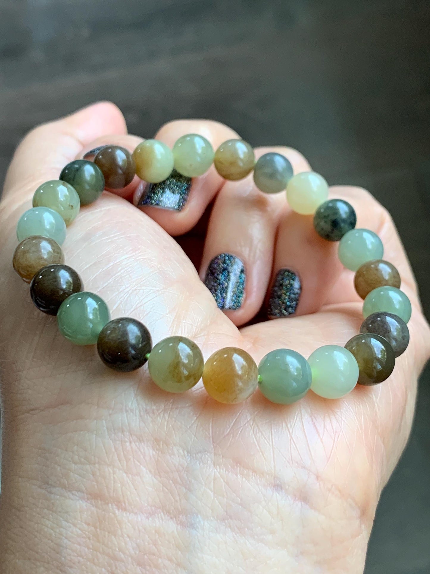 Natural Nephrite Jade Multicolored Translucent Round Beads Beaded Bracelet Stretchy 8mm 6.75” 18g 天然和田玉多宝圆珠手串 HTXDB98