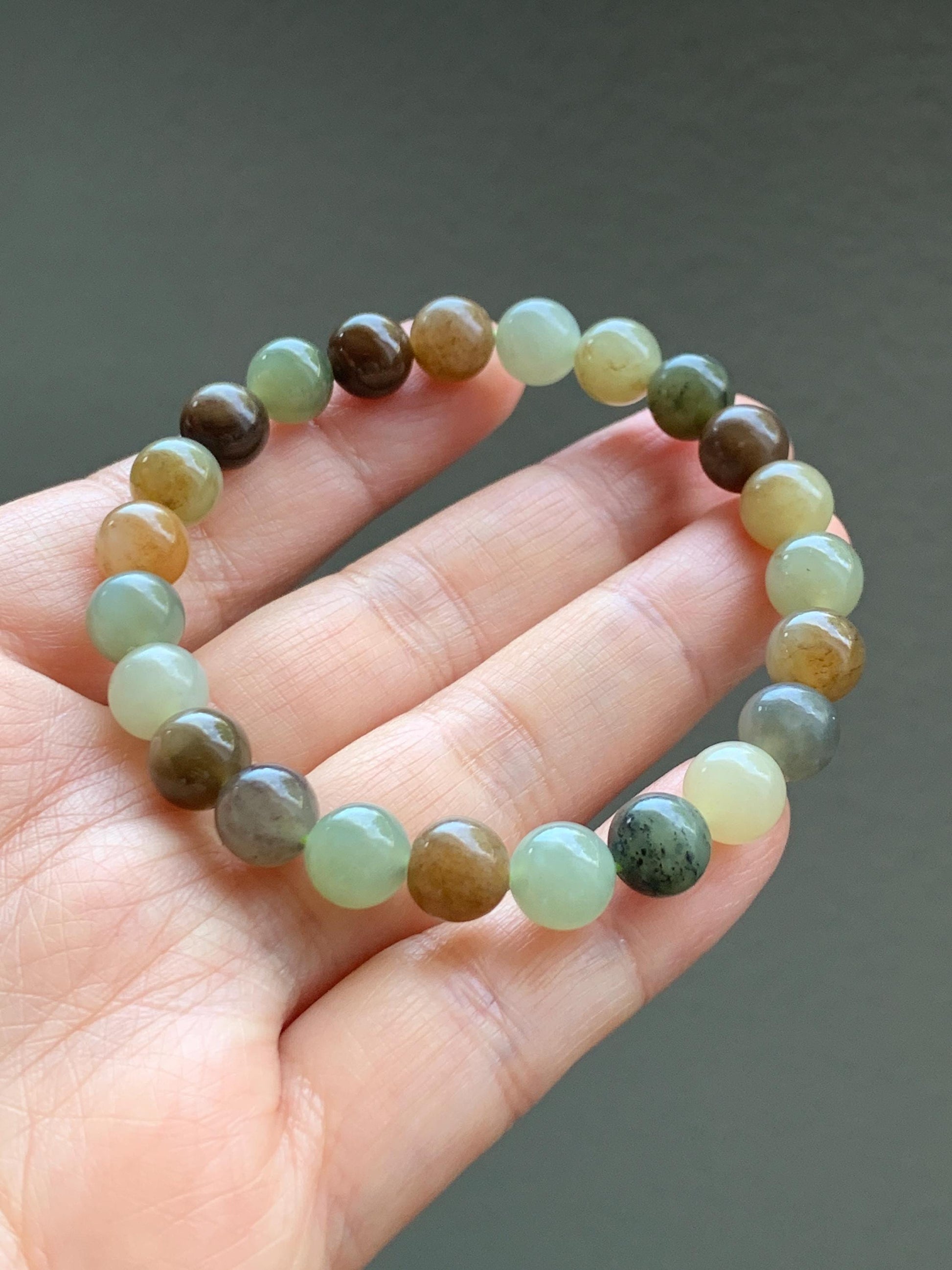 Natural Nephrite Jade Multicolored Translucent Round Beads Beaded Bracelet Stretchy 8mm 6.75” 18g 天然和田玉多宝圆珠手串 HTXDB98