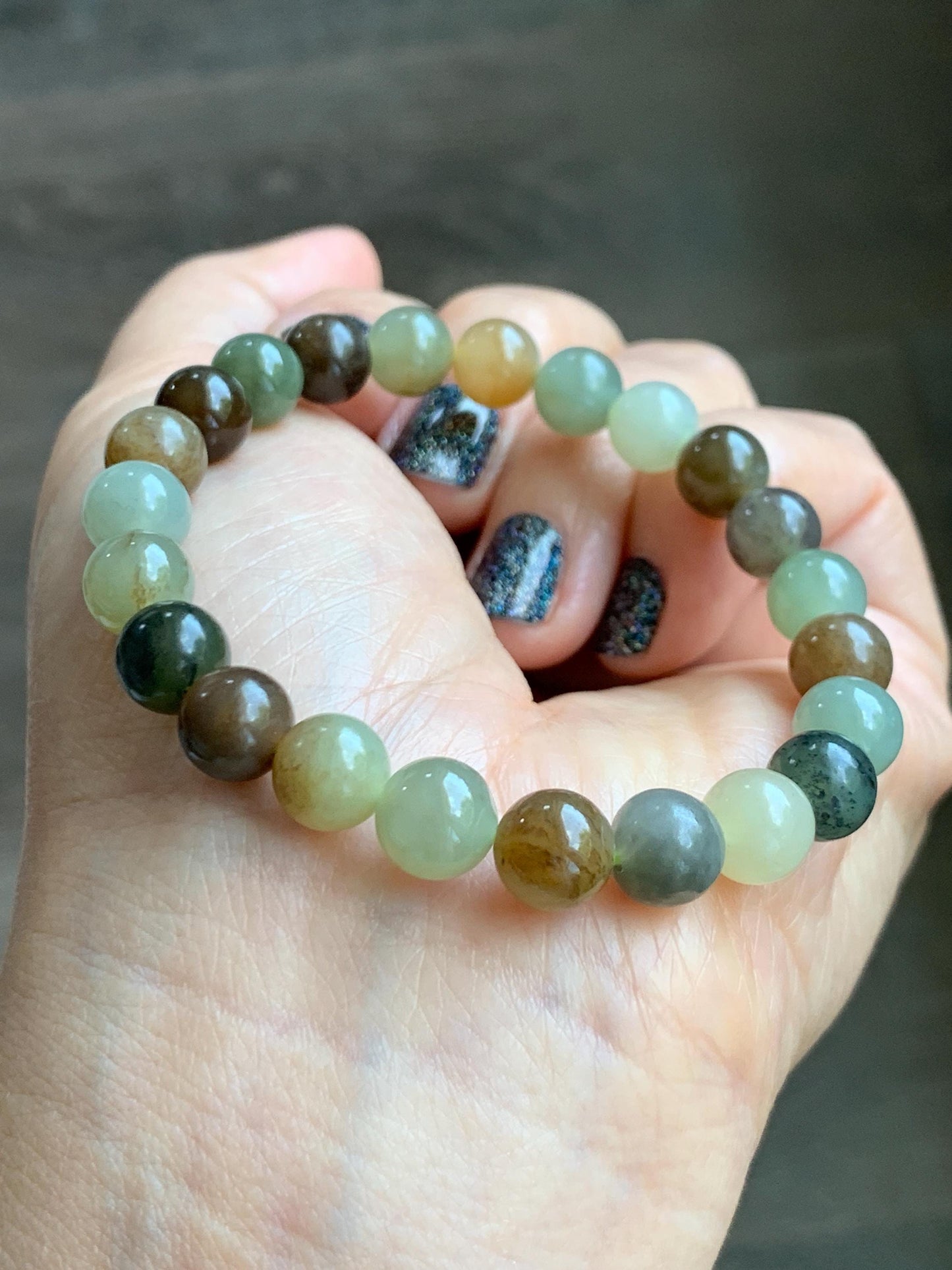 Natural Nephrite Jade Multicolored Translucent Round Beads Beaded Bracelet Stretchy 8mm 6.75” 18g 天然和田玉多宝圆珠手串 HTXDB98