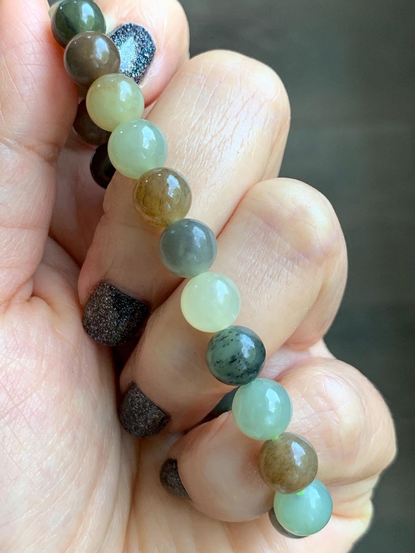 Natural Nephrite Jade Multicolored Translucent Round Beads Beaded Bracelet Stretchy 8mm 6.75” 18g 天然和田玉多宝圆珠手串 HTXDB98