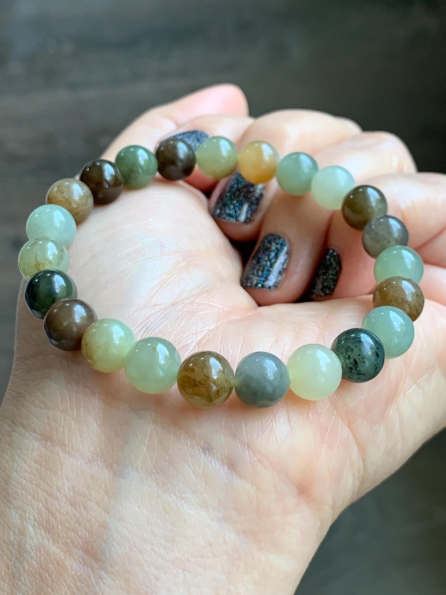 Natural Nephrite Jade Multicolored Translucent Round Beads Beaded Bracelet Stretchy 8mm 6.75” 18g 天然和田玉多宝圆珠手串 HTXDB98