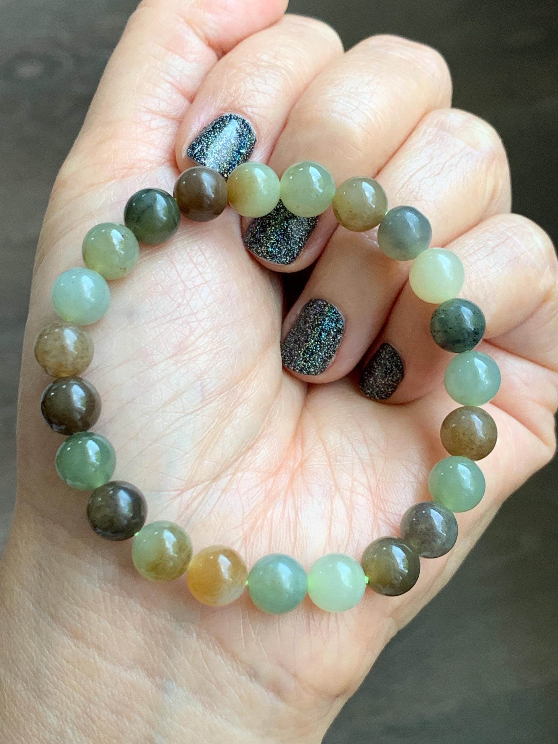 Natural Nephrite Jade Multicolored Translucent Round Beads Beaded Bracelet Stretchy 8mm 6.75” 18g 天然和田玉多宝圆珠手串 HTXDB98