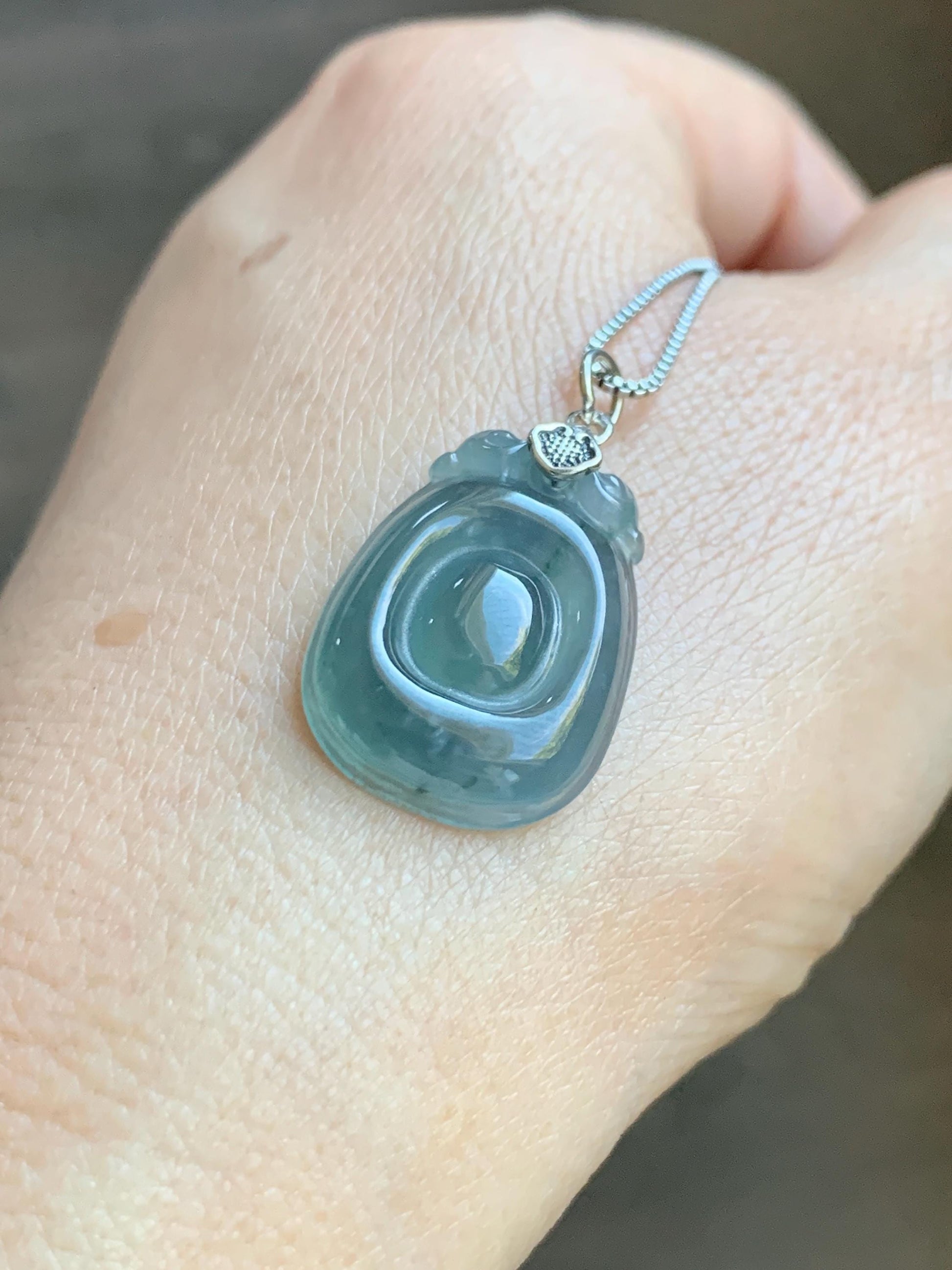Natural Grade A Guatemalan Icy Highly Translucent Dusty Blue Jade Jadeite Lucky Coin Fu Bei Pendant Sterling Silver 天然冰危蓝紫翡翠福贝吊坠 FBW68B