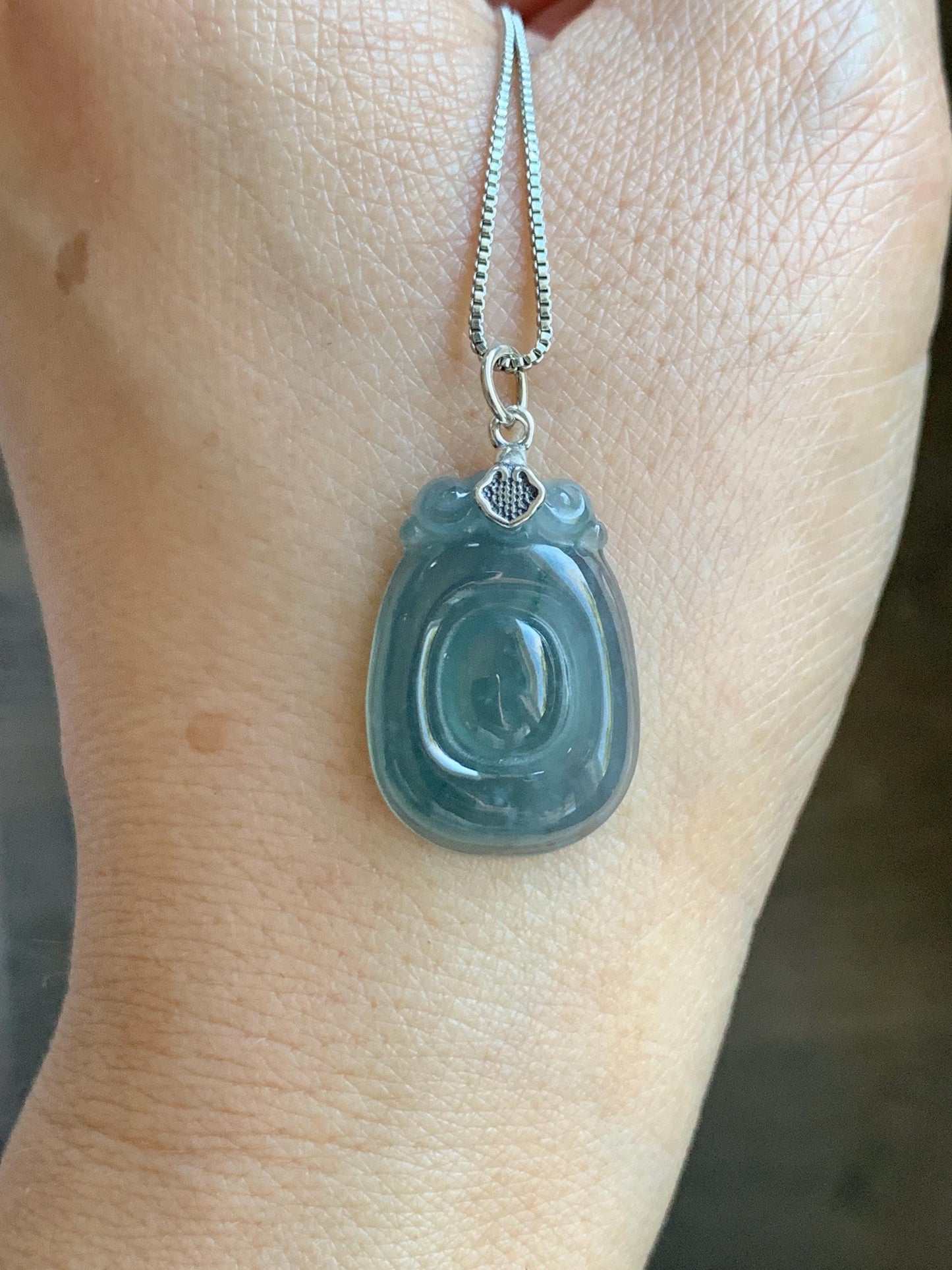 Natural Grade A Guatemalan Icy Highly Translucent Dusty Blue Jade Jadeite Lucky Coin Fu Bei Pendant Sterling Silver 天然冰危蓝紫翡翠福贝吊坠 FBW68B
