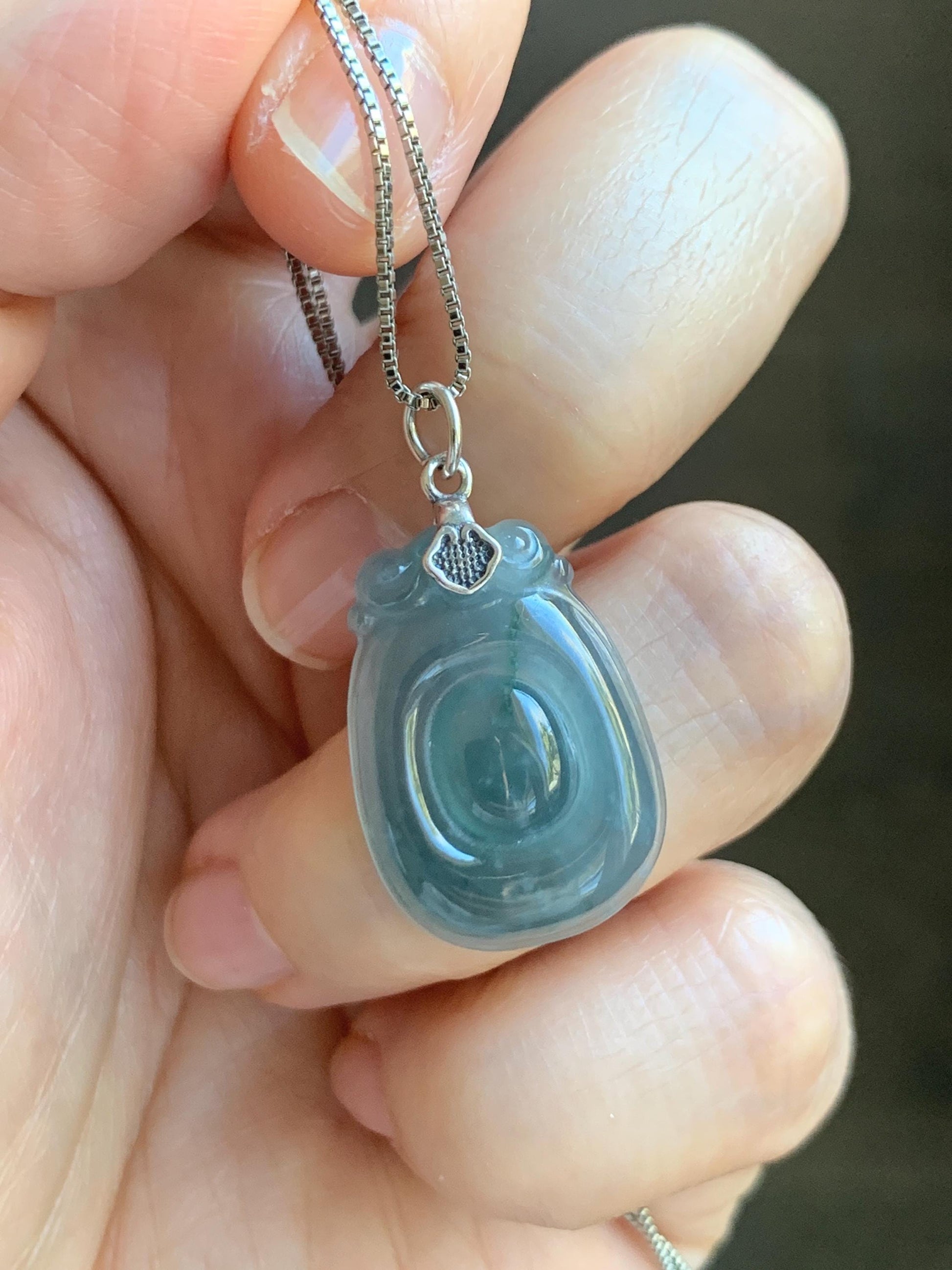 Natural Grade A Guatemalan Icy Highly Translucent Dusty Blue Jade Jadeite Lucky Coin Fu Bei Pendant Sterling Silver 天然冰危蓝紫翡翠福贝吊坠 FBW68B