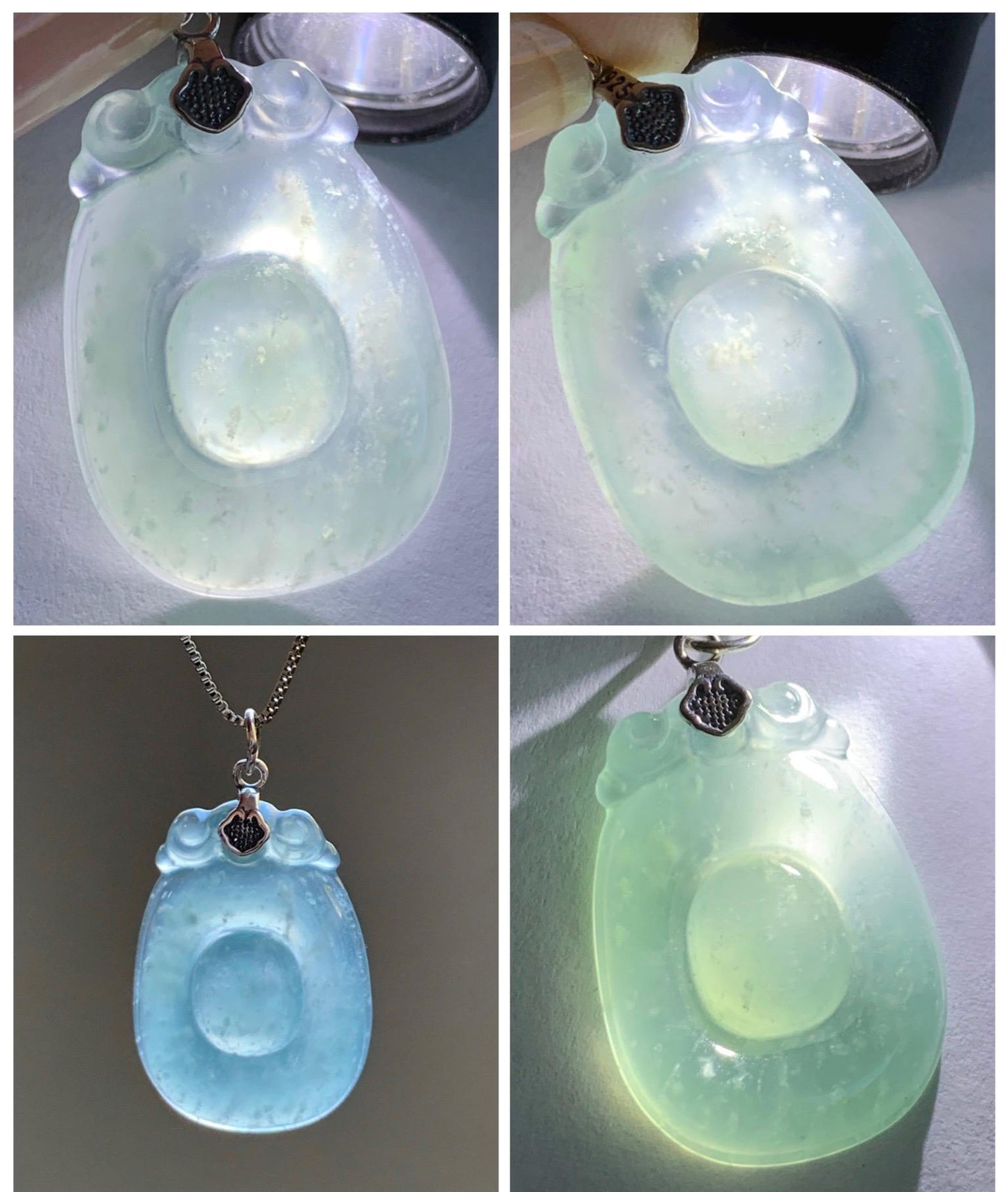 Natural Grade A Guatemalan Icy Highly Translucent Pastel Green Jade Jadeite Lucky Coin Fu Bei Pendant Sterling Silver 天然冰危老种晴底翡翠福贝吊坠 FBW68A