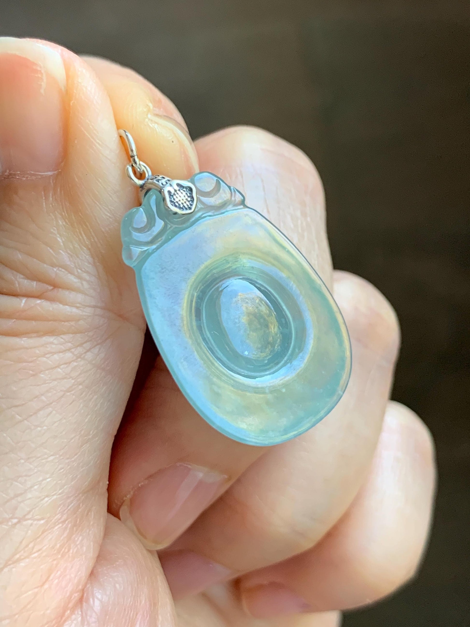 Natural Grade A Guatemalan Icy Highly Translucent Pastel Green Jade Jadeite Lucky Coin Fu Bei Pendant Sterling Silver 天然冰危老种晴底翡翠福贝吊坠 FBW68A